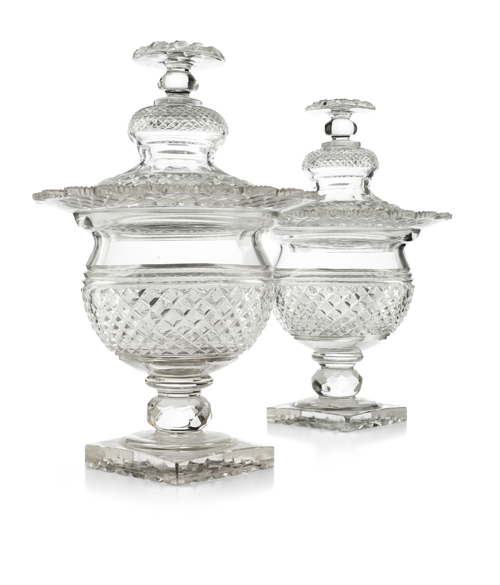 PAIR OF IRISH REGENCY CUT GLASS COVERED URNS