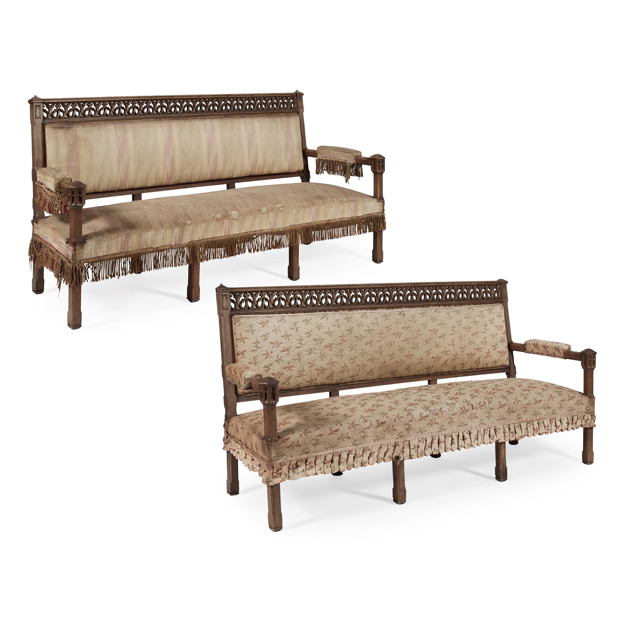 PAIR OF GOTHIC REVIVAL OAK HALL SEATS