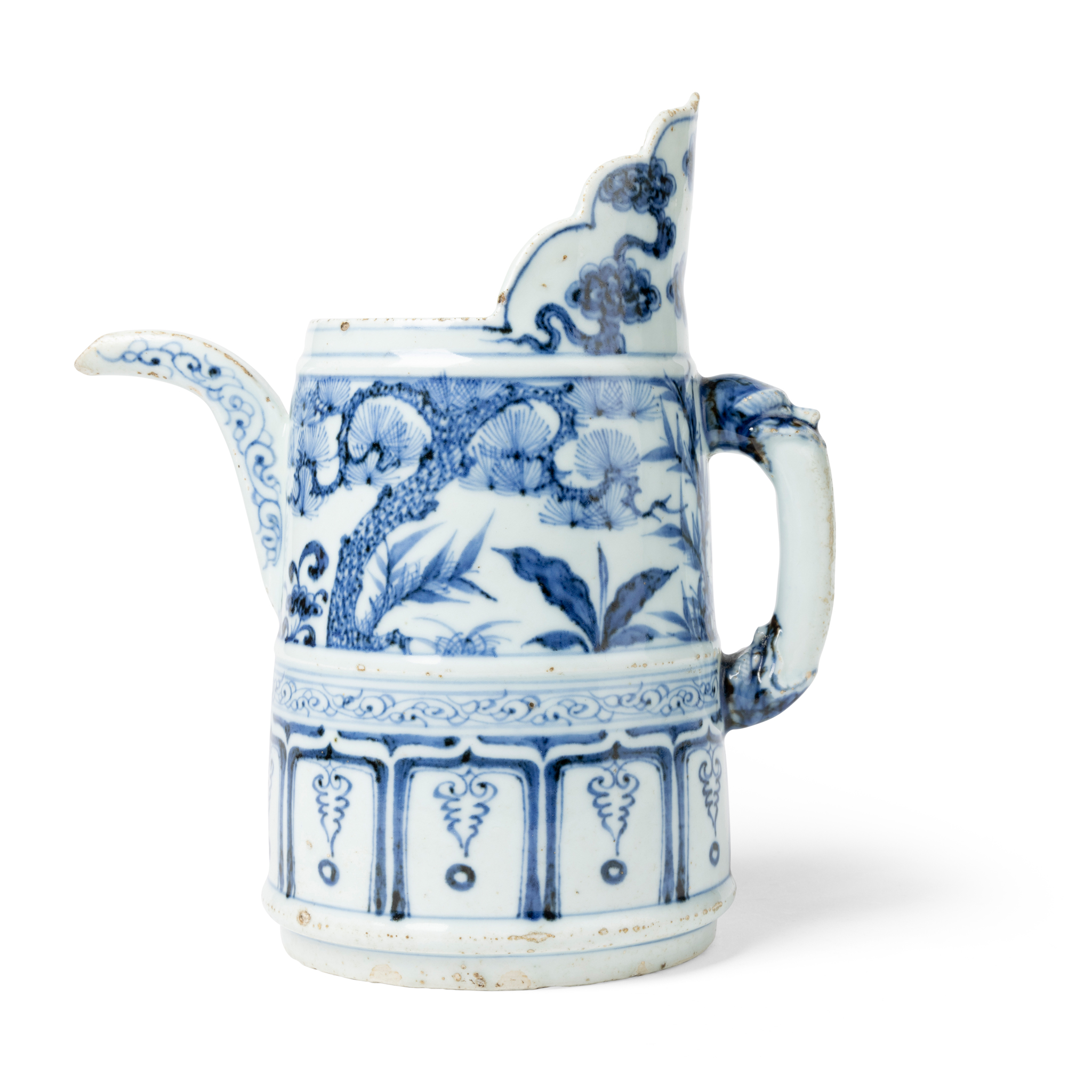 CHINESE BLUE AND WHITE TIBETAN-STYLE EWER, DUOMUHU