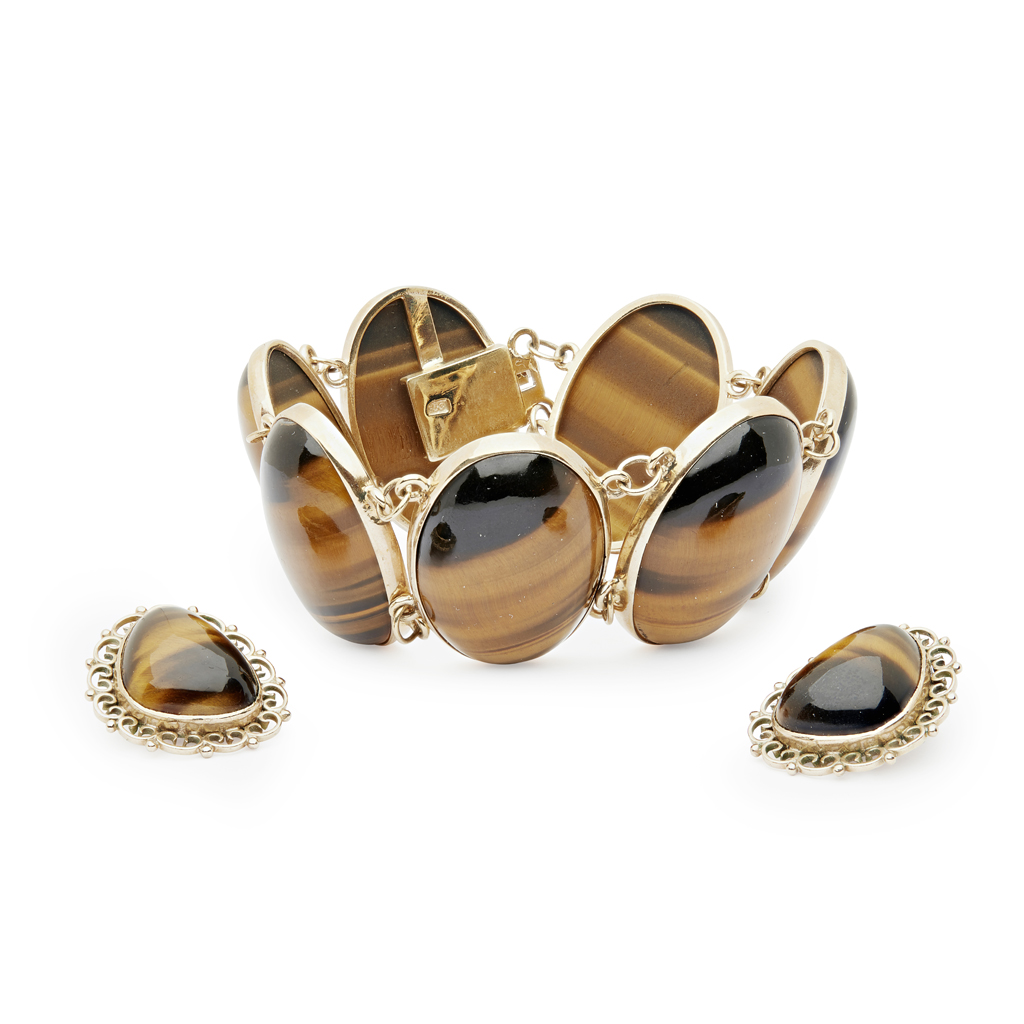 A tigers-eye bracelet and earrings