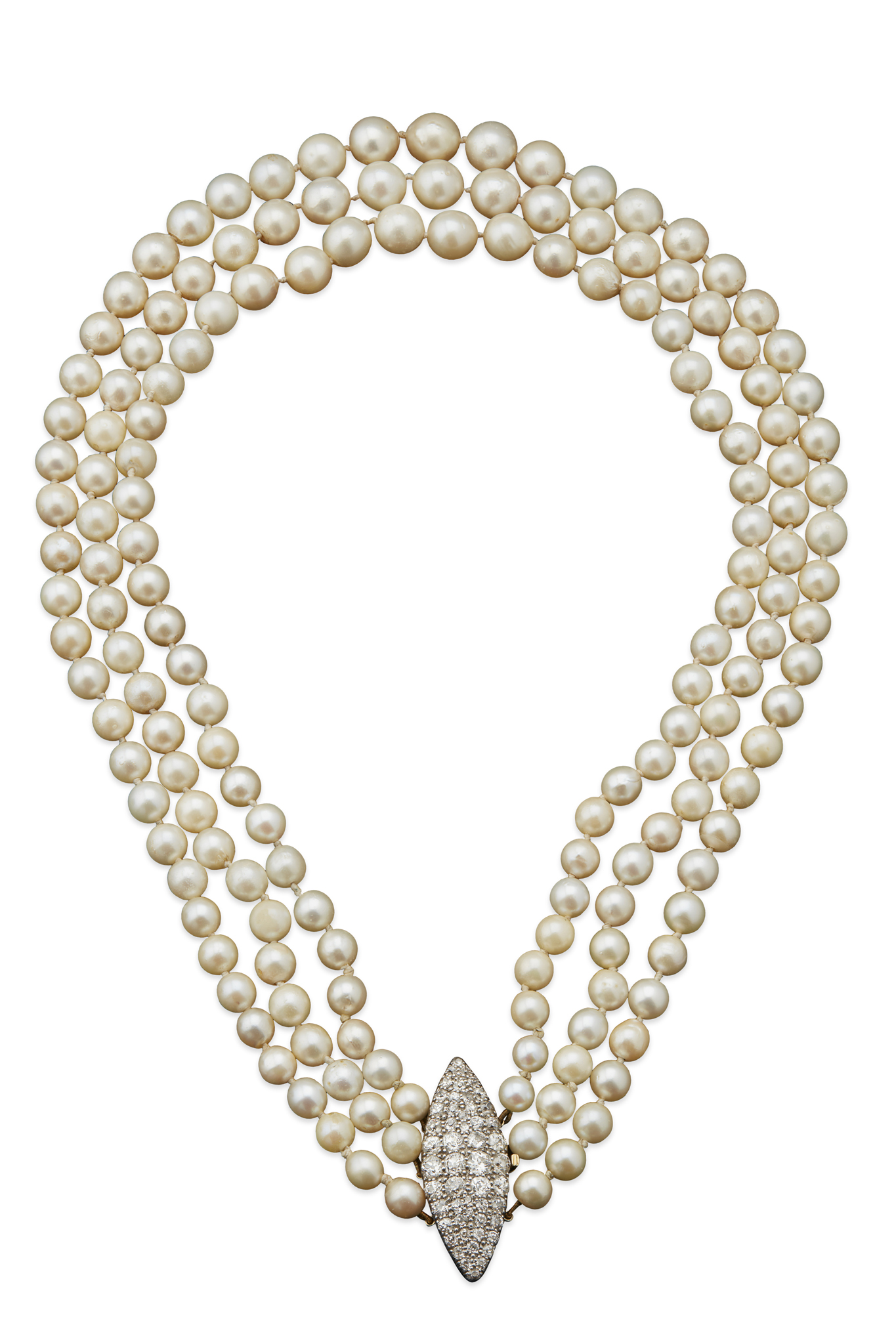 A three strand cultured pearl and diamond set necklace