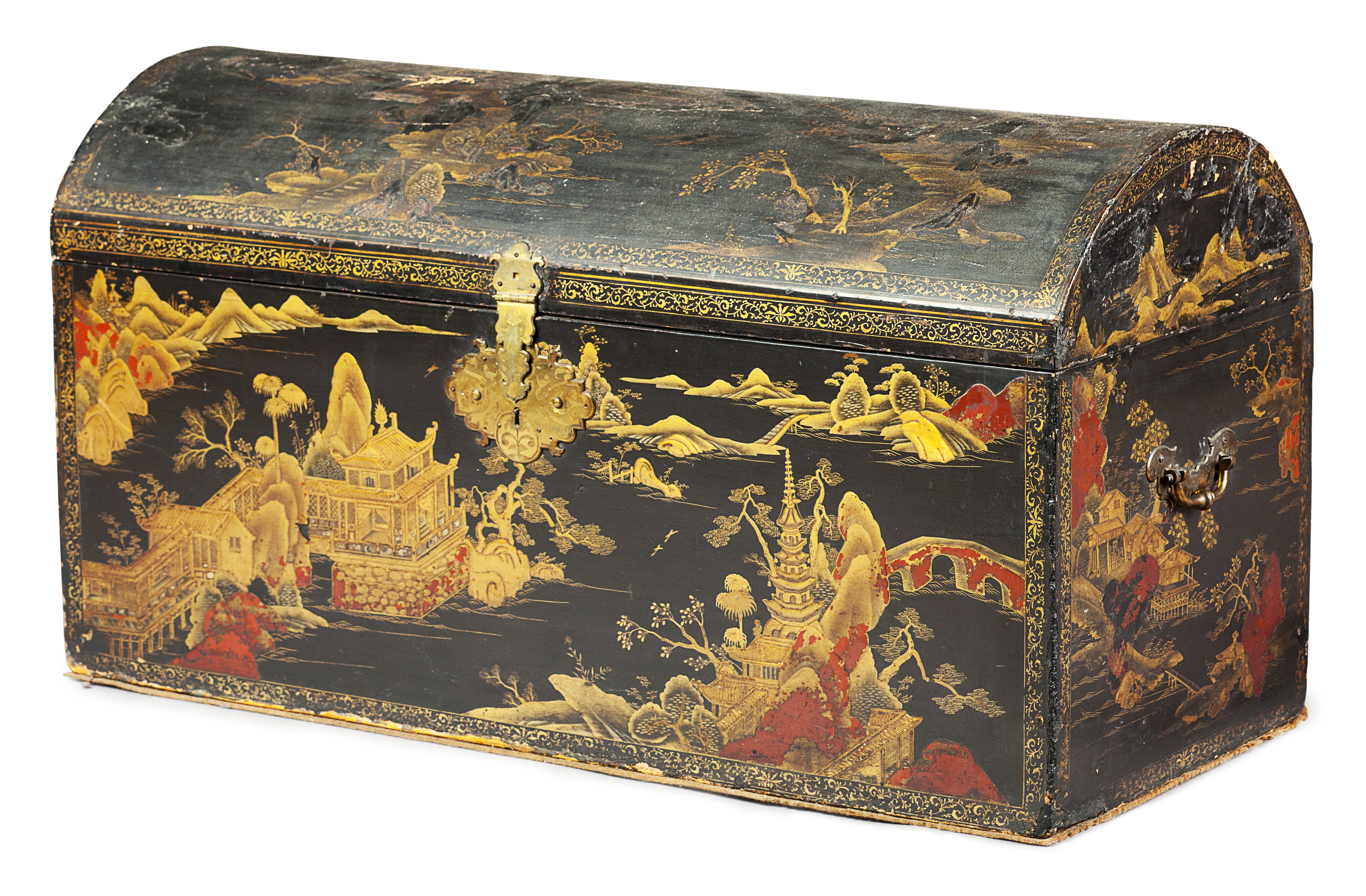 CHINESE BLACK LACQUER AND GILT DOME TOP CHEST