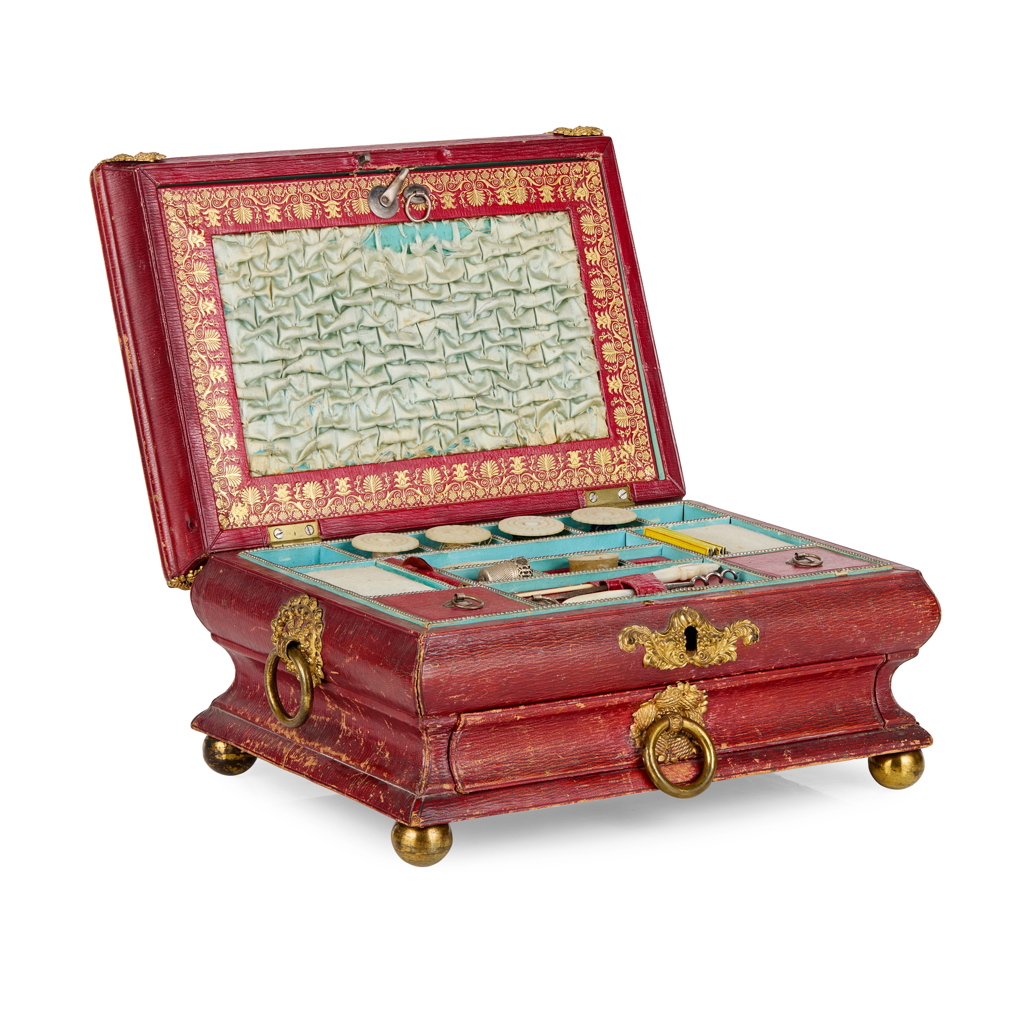 LATE REGENCY GILT METAL MOUNTED RED MOROCCO LEATHER SEWING BOX