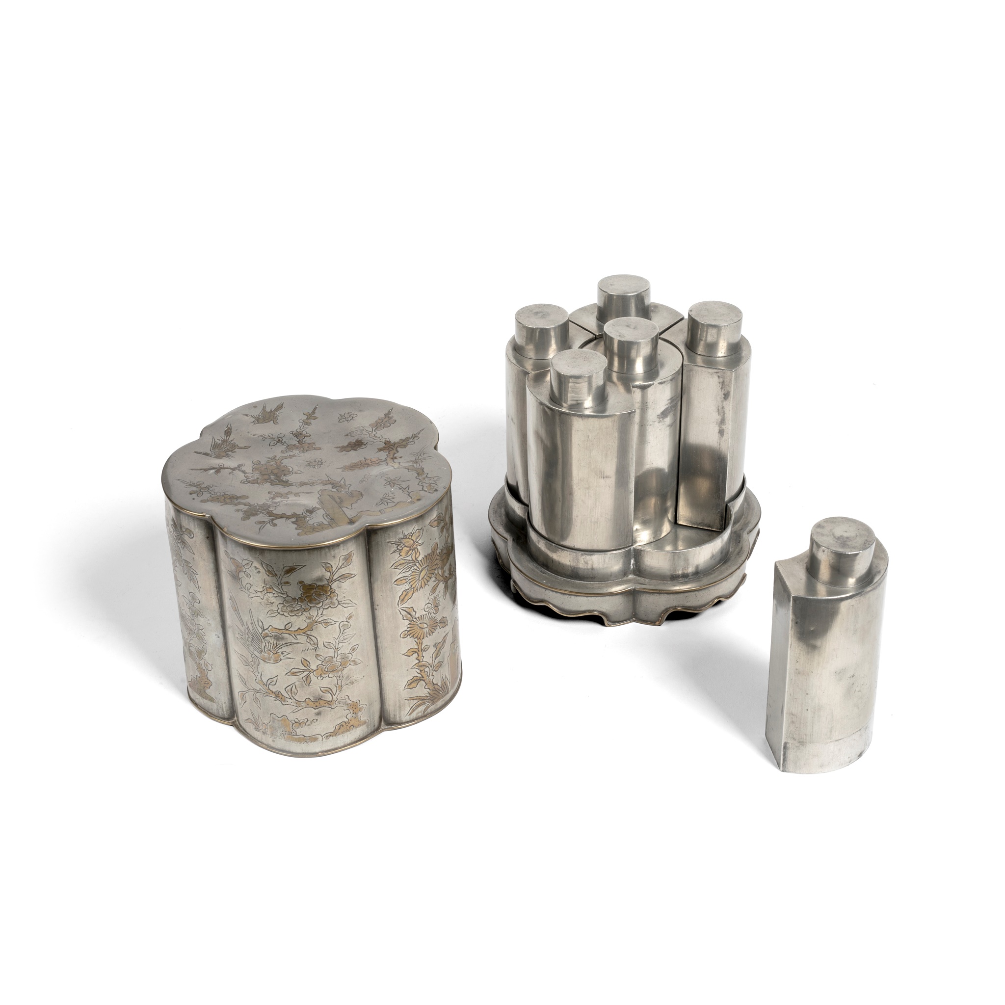 GROUP OF FIVE PEWTER TEA CANISTERS WITH BRASS-INLAID PEWTER COVER