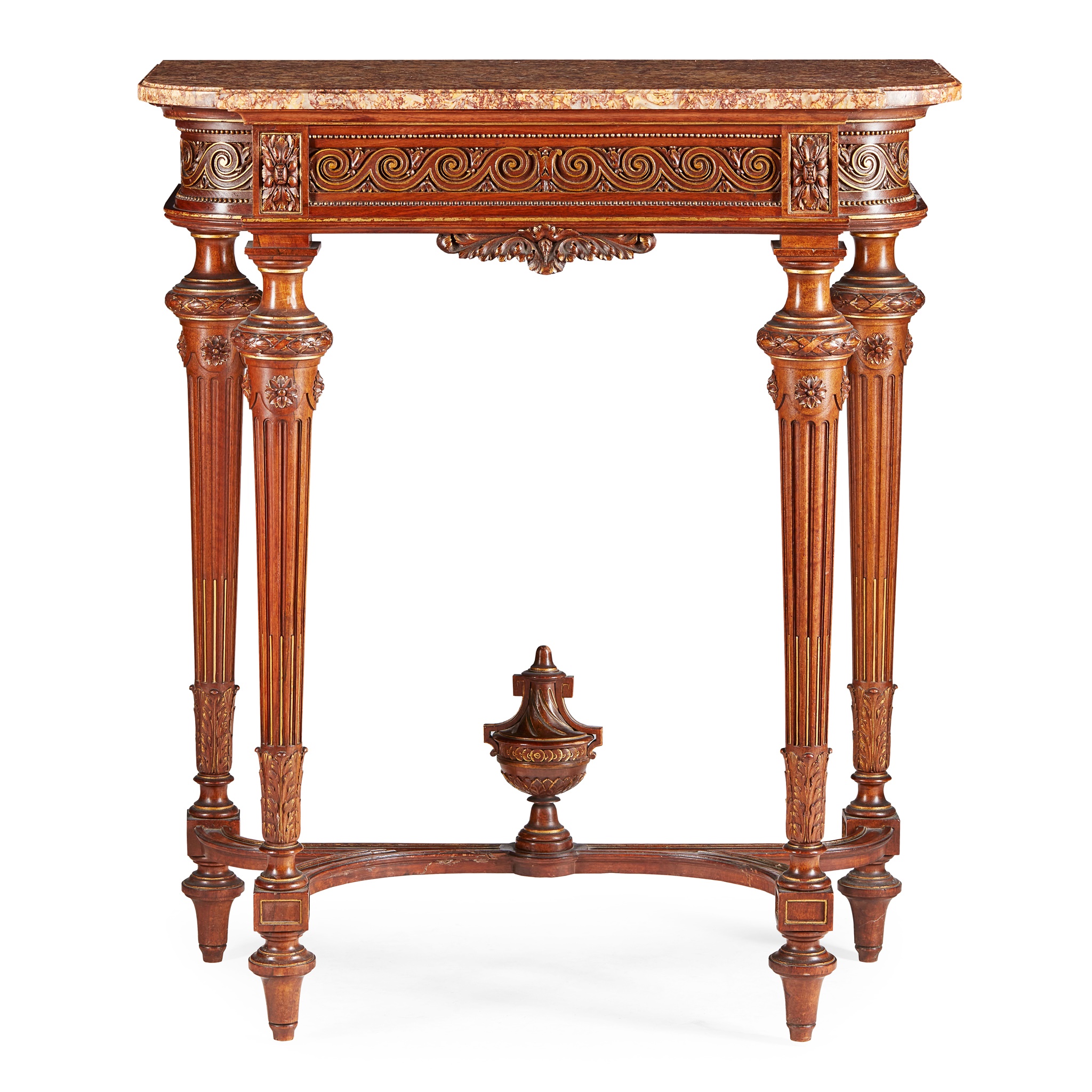 LOUIS XVI STYLE PARCEL GILT MARBLE TOPPED PIER TABLE