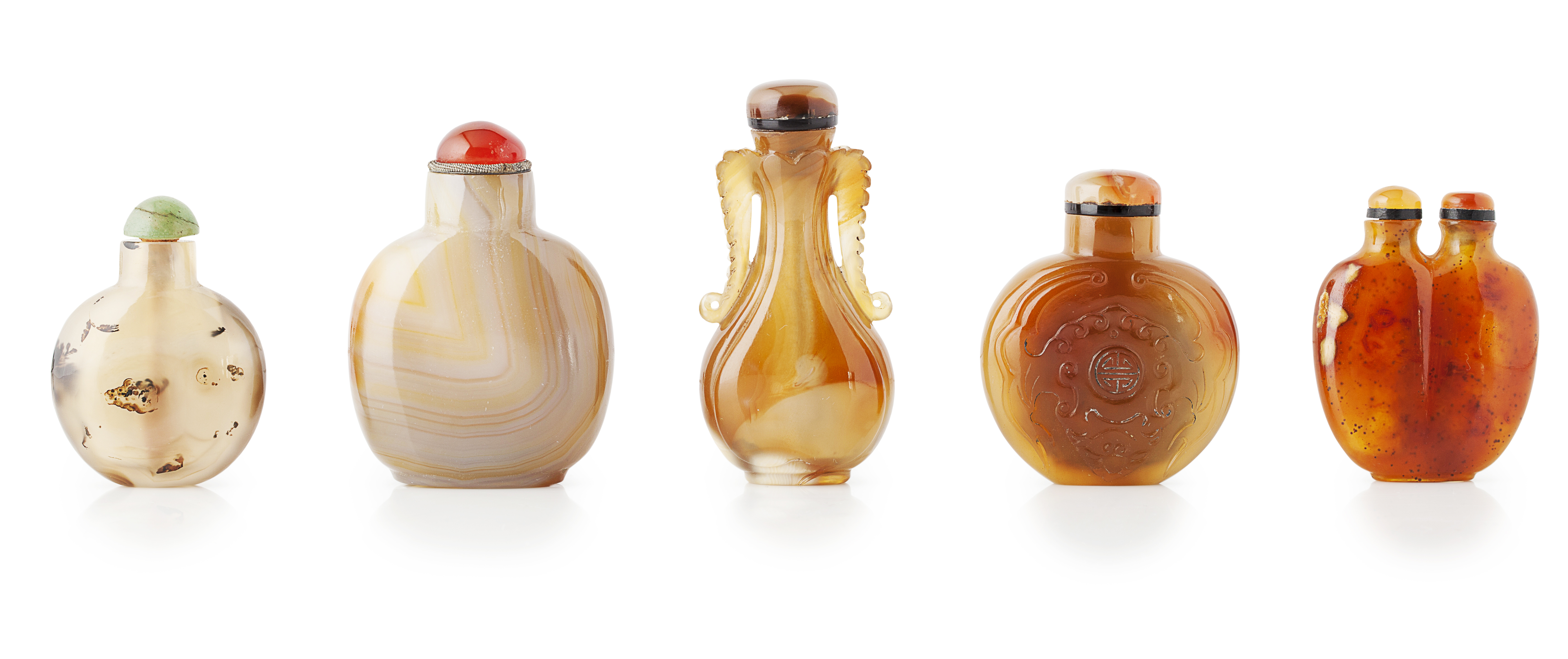 FIVE AGATE SNUFF BOTTLES