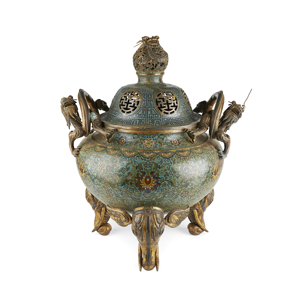 LARGE CLOISONNÉ ENAMEL TRIPOD CENSER AND COVER