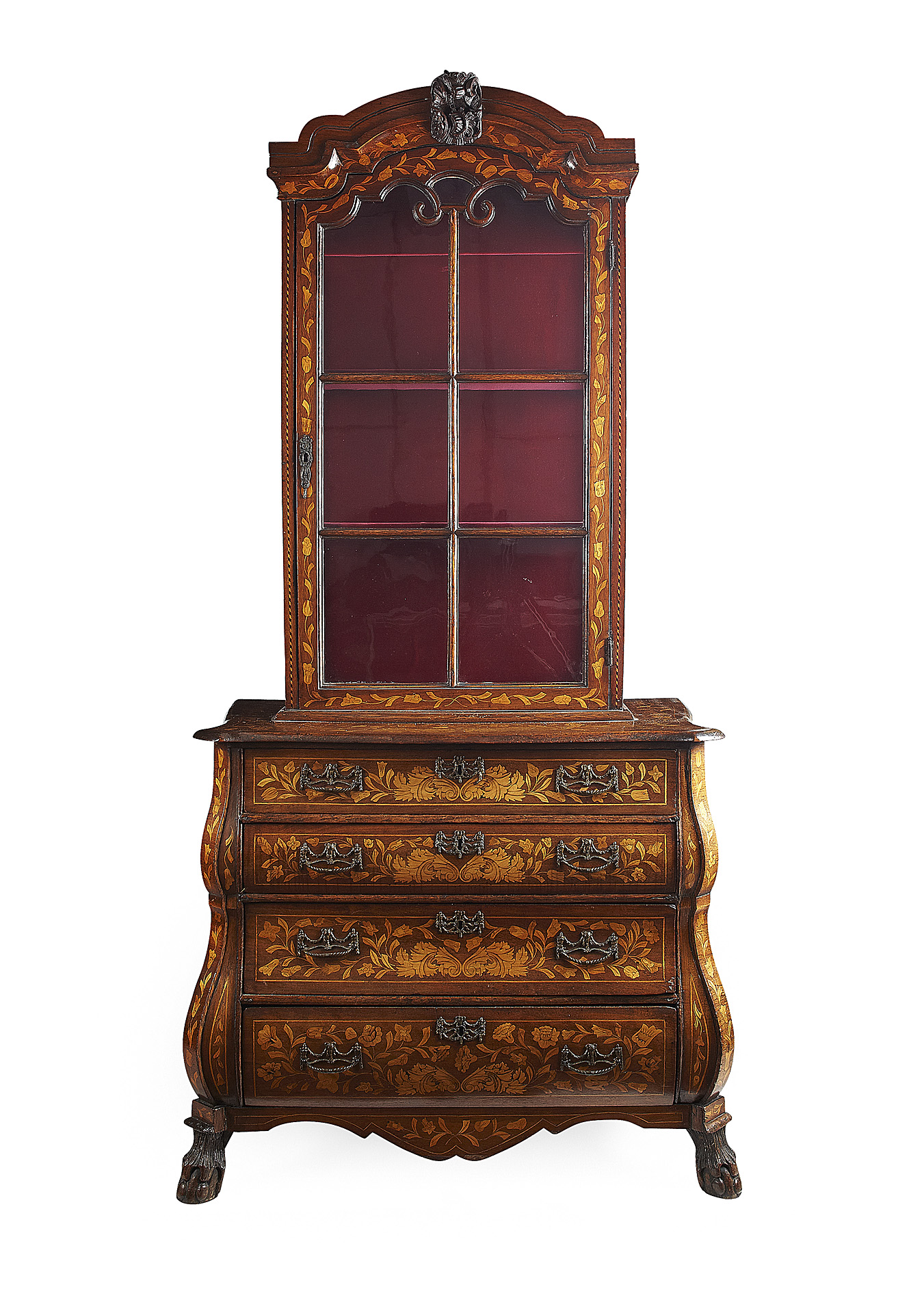 DUTCH WALNUT AND MARQUETRY BOMBE DISPLAY CABINET