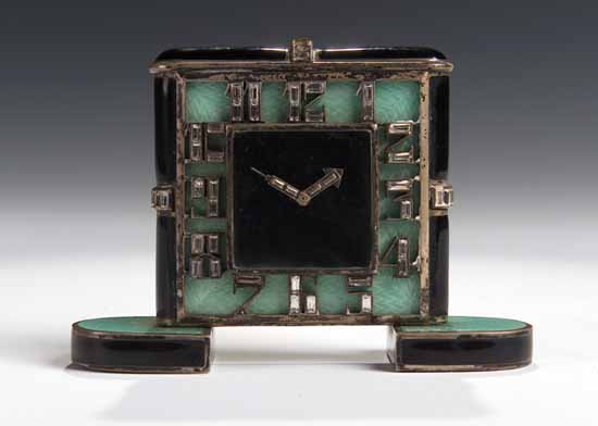 An Art Deco Swiss silver, black and green enamel clock