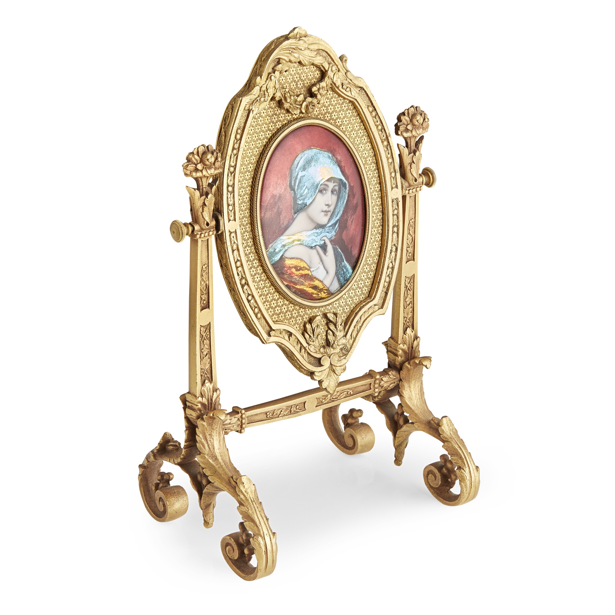 FRENCH GILT BRONZE AND LIMOGES ENAMEL TABLE MIRROR