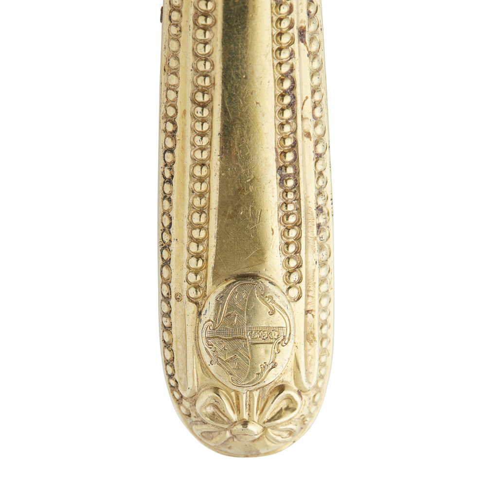 A RARE SUITE OF TWENTY FOUR GEORGE III SCOTTISH SILVER GILT TABLE AND DESSERT KNIVES