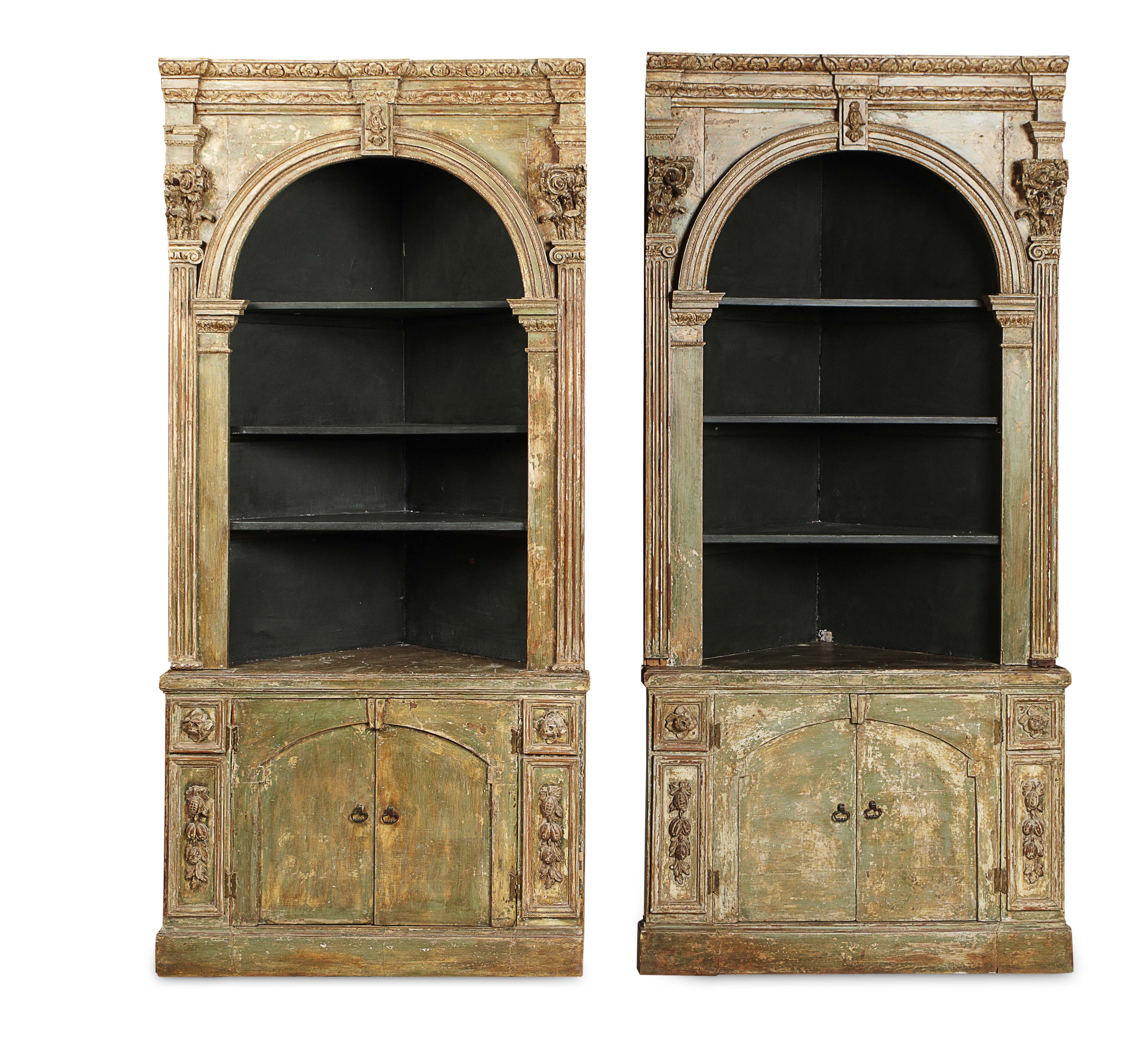 PAIR OF GEORGIAN STYLE GREEN PAINTED CORNER CUPBOARDS