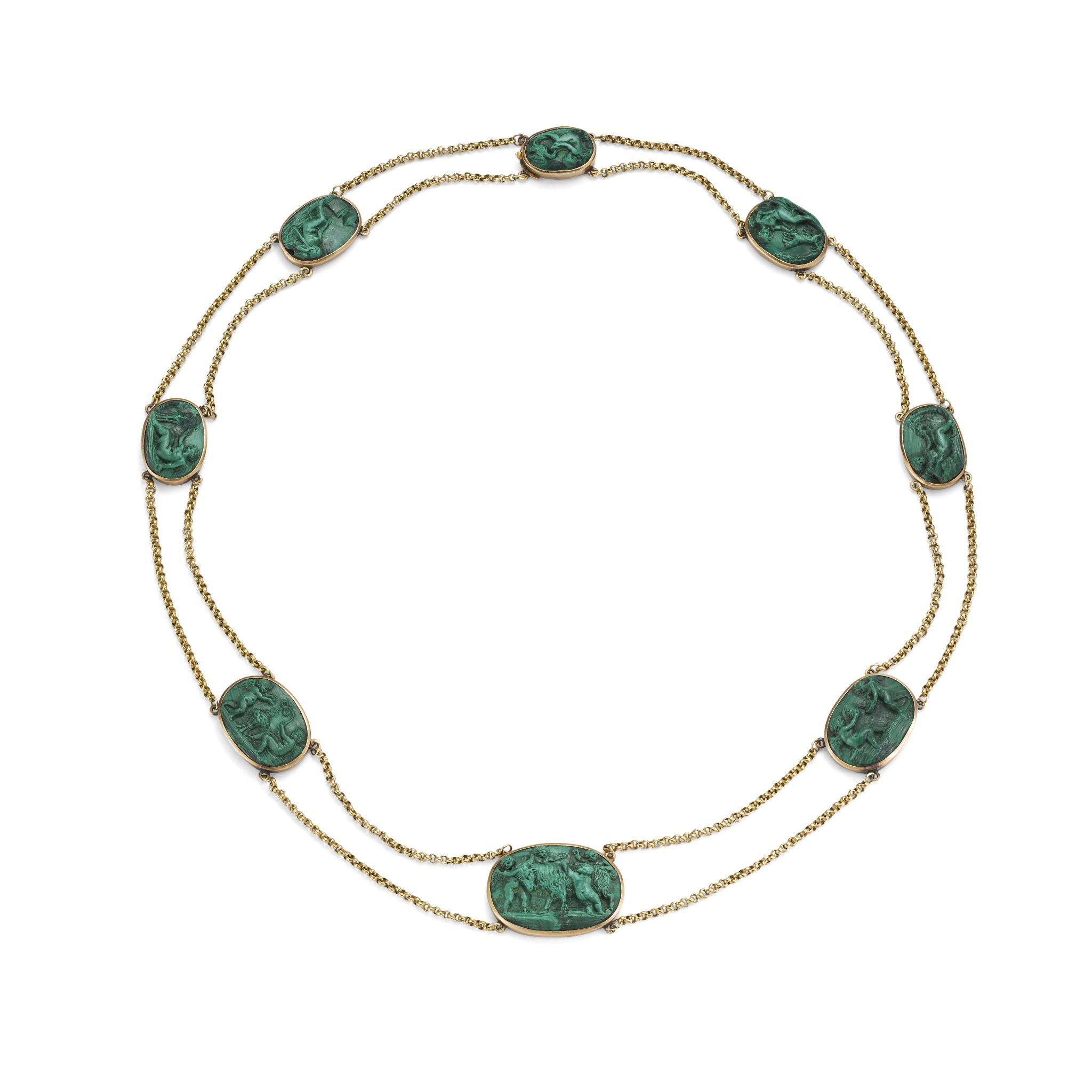 An Italian malachite cameo necklace, first half of the 19th century