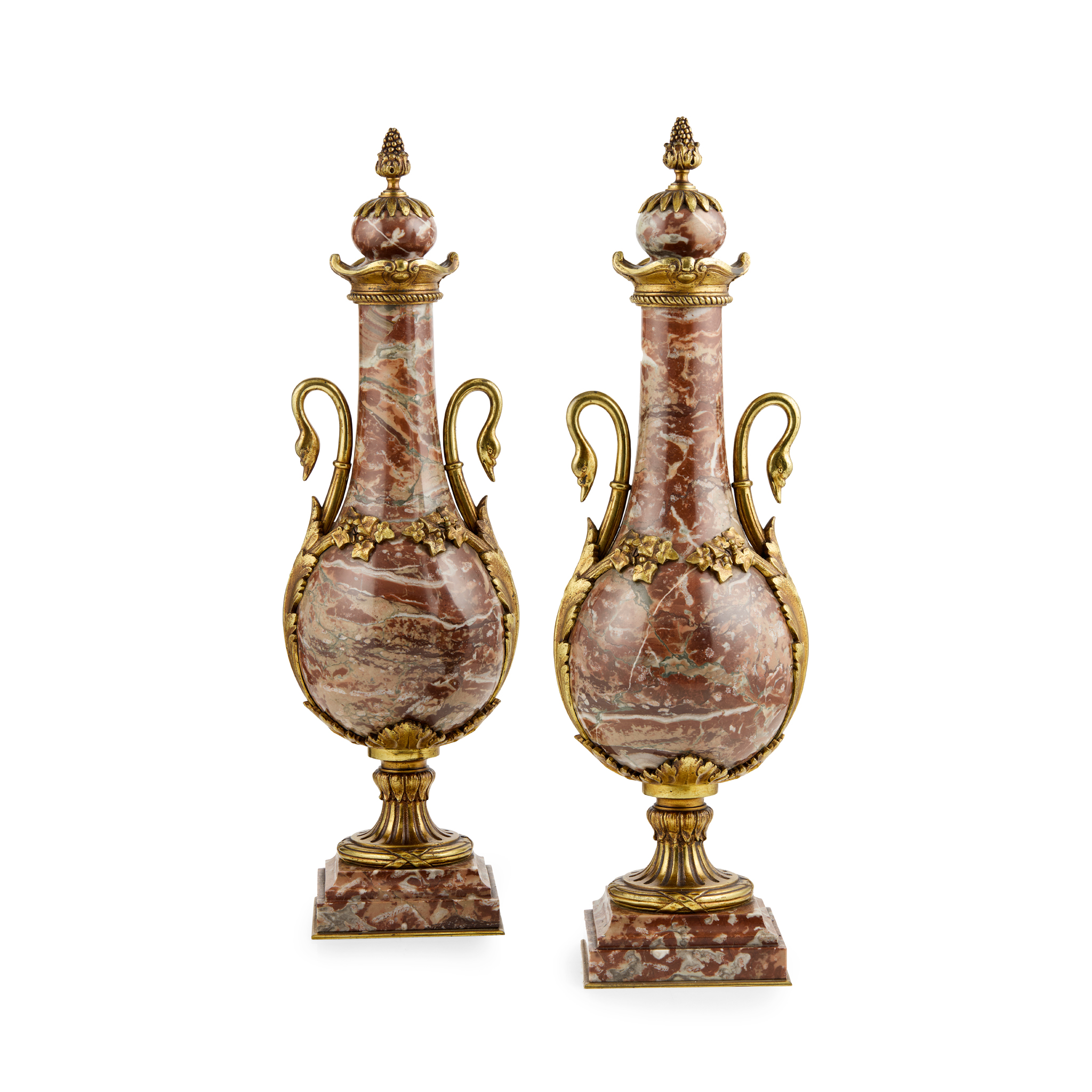 PAIR OF FRENCH GILT BRONZE MOUNTED MARBLE URNS