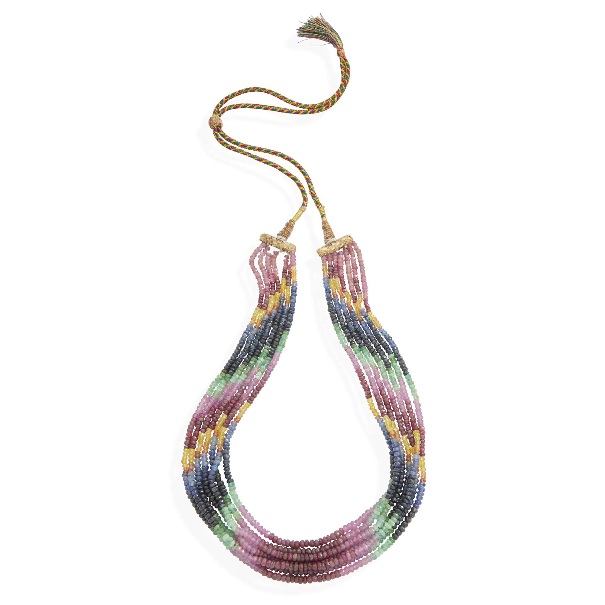 A multi-strand sapphire and ruby bead necklace