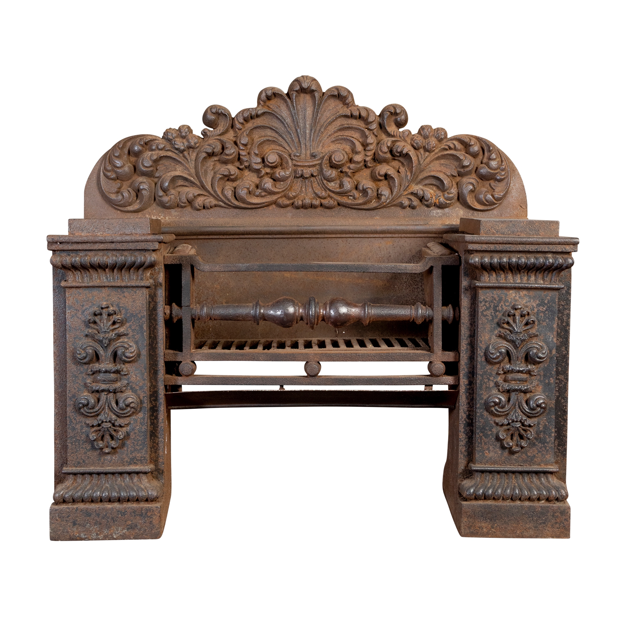 A REGENCY CAST IRON FIRE BASKET