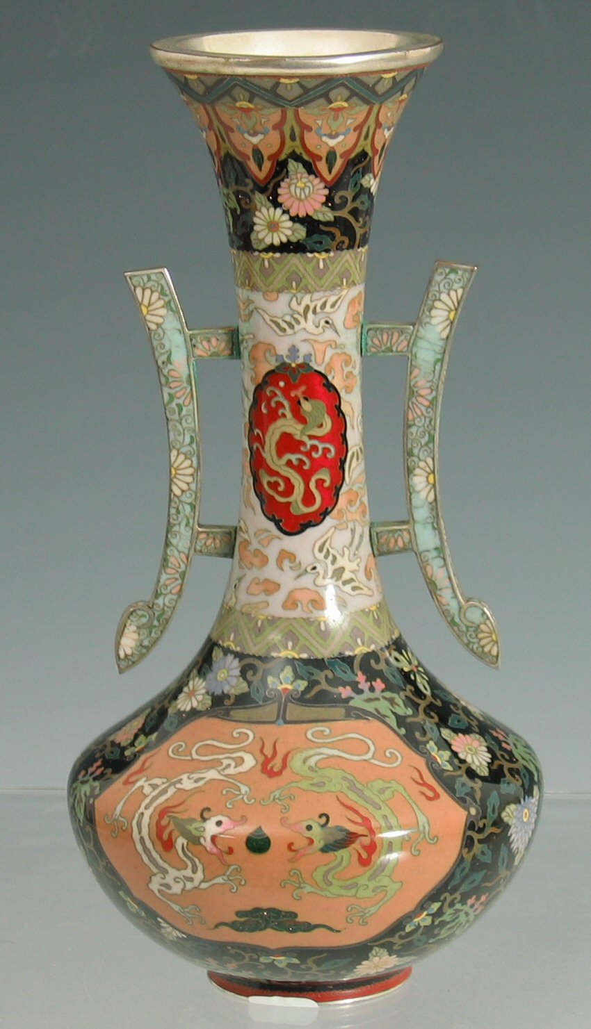 A Japanese cloisonné twin-handled elongated gourd shaped vase, Meiji period,
