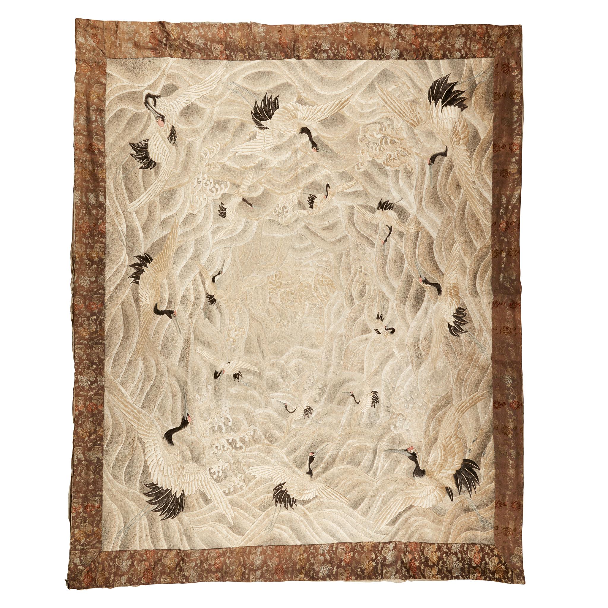 LARGE SILK EMBROIDERED 'CRANE' PANEL