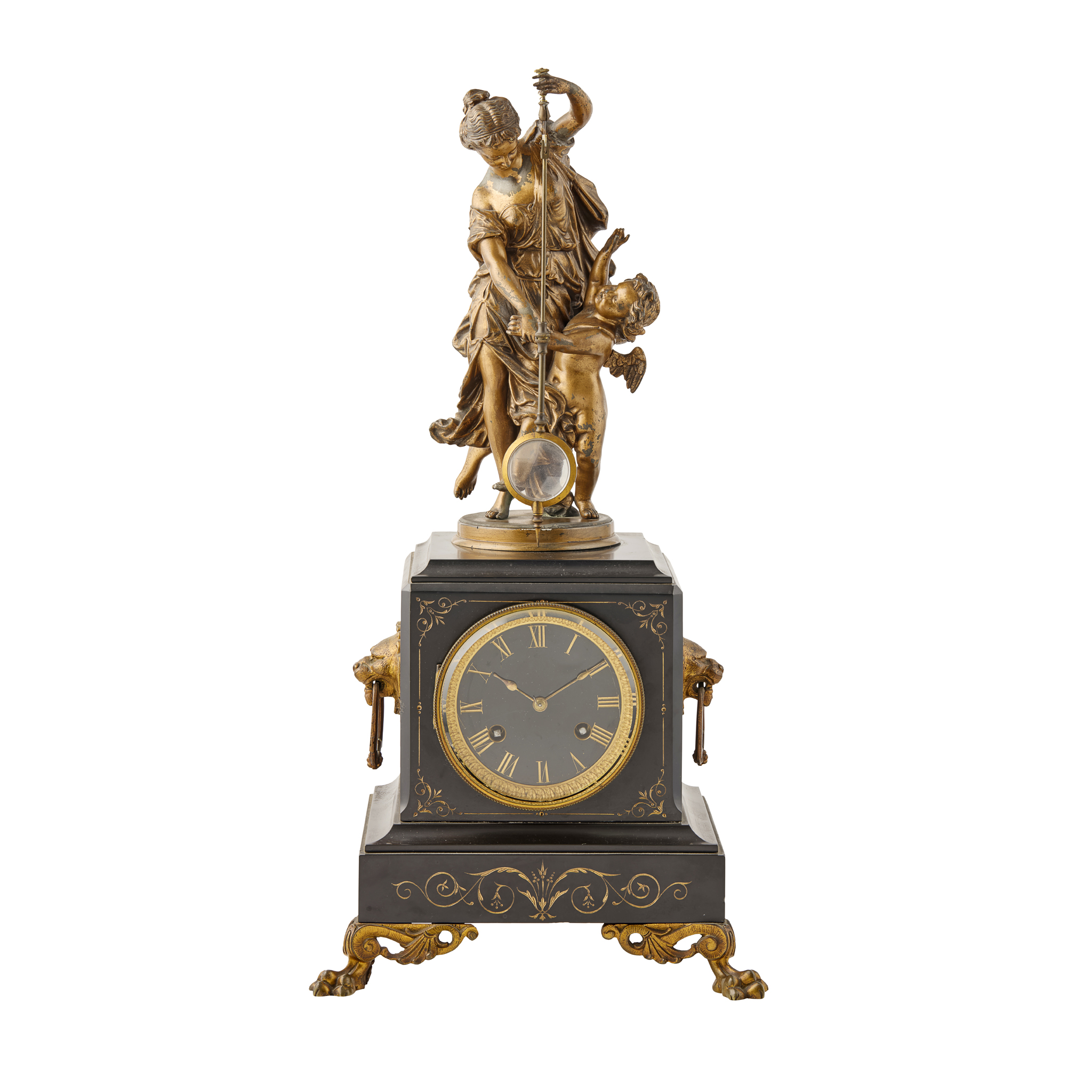 FRENCH MARBLE, GILT METAL AND SPELTER FIGURAL MYSTERY CLOCK, BY GUILMET