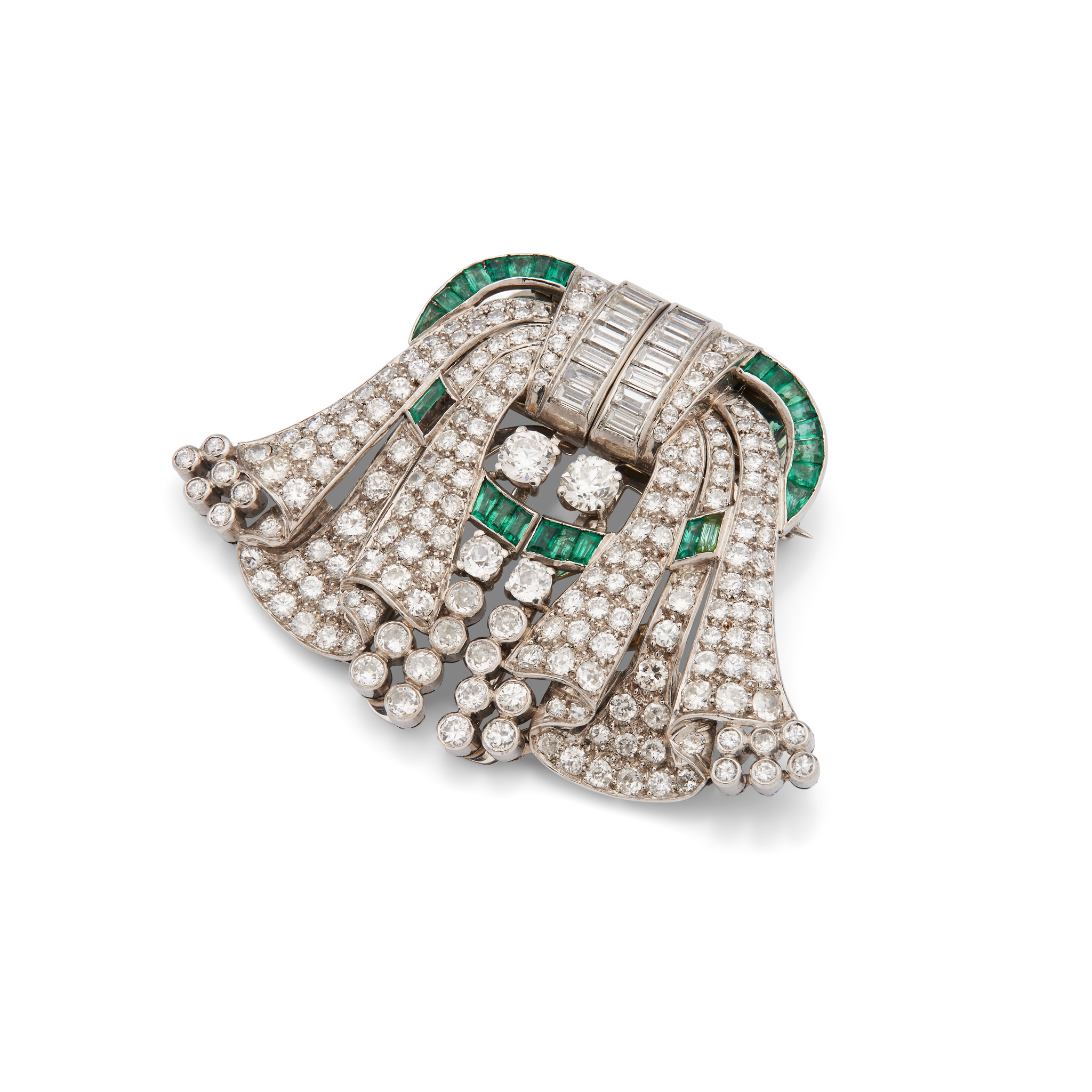 An emerald and diamond double clip brooch, circa 1950