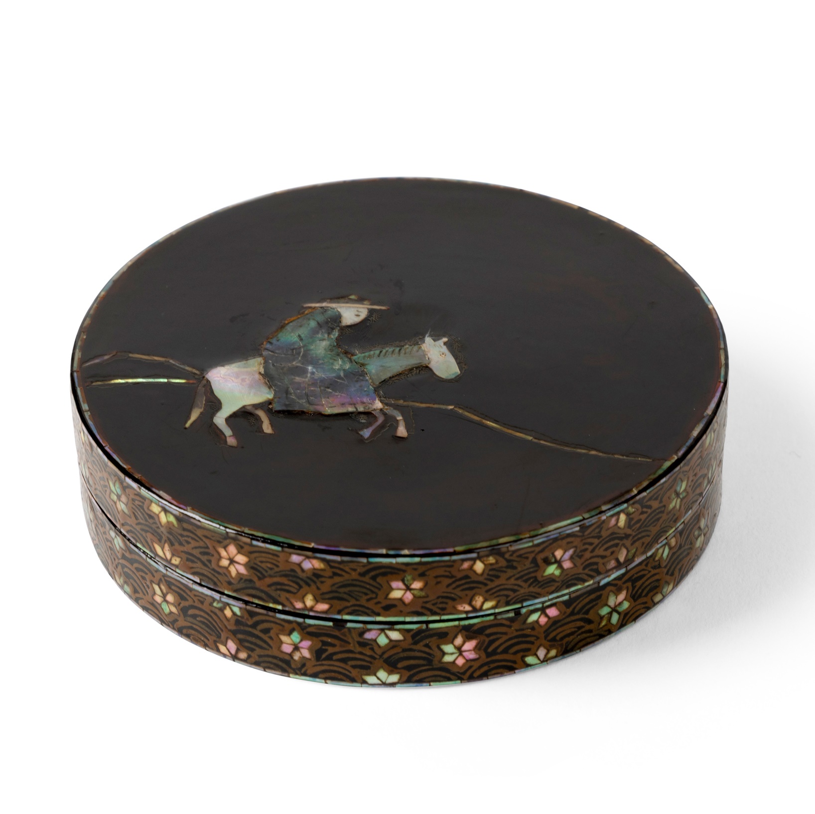 MOTHER-OF-PEARL INLAID LACQUER CIRCULAR BOX AND COVER