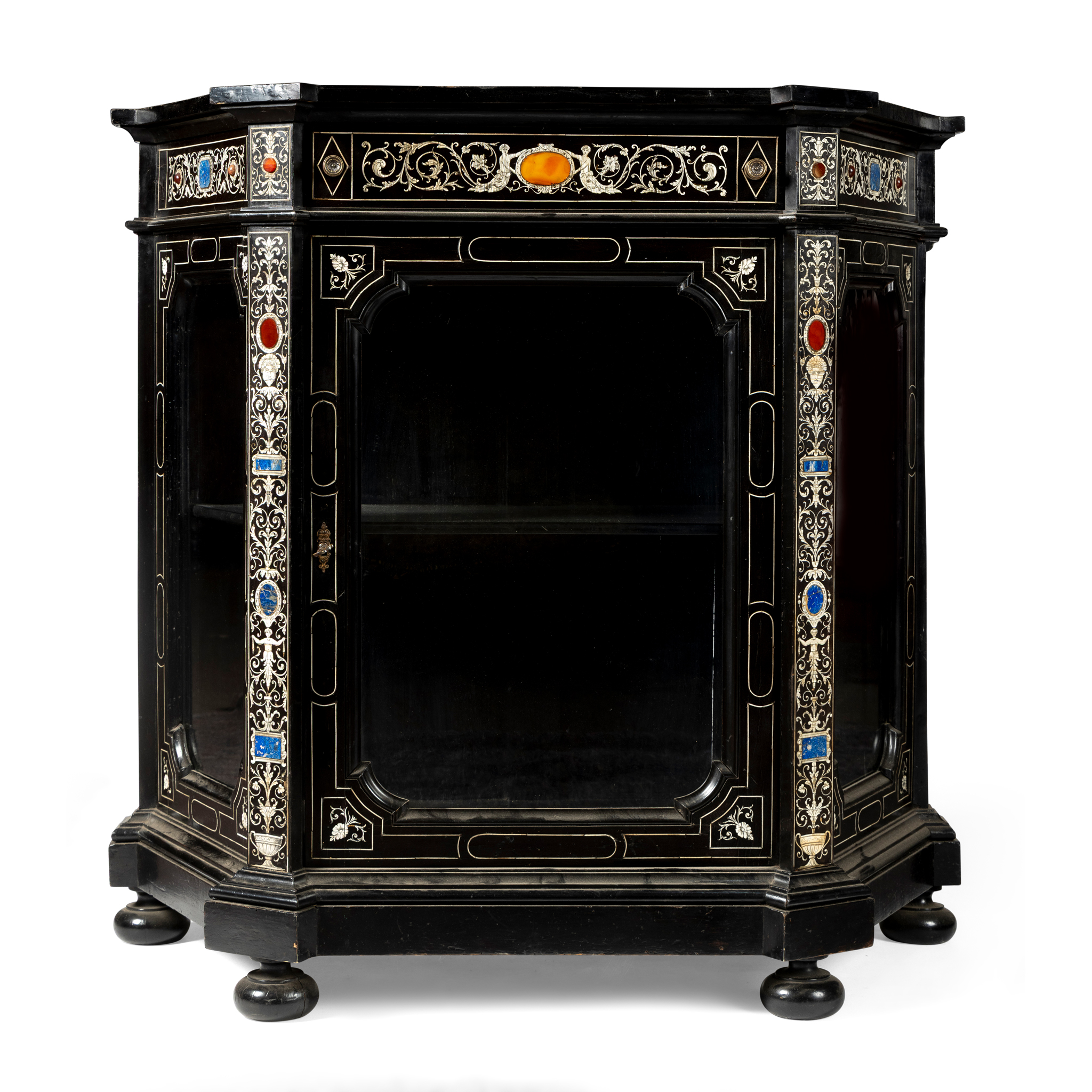 AN EBONISED, INLAID AND HARDSTONE INLAID SIDE CABINET