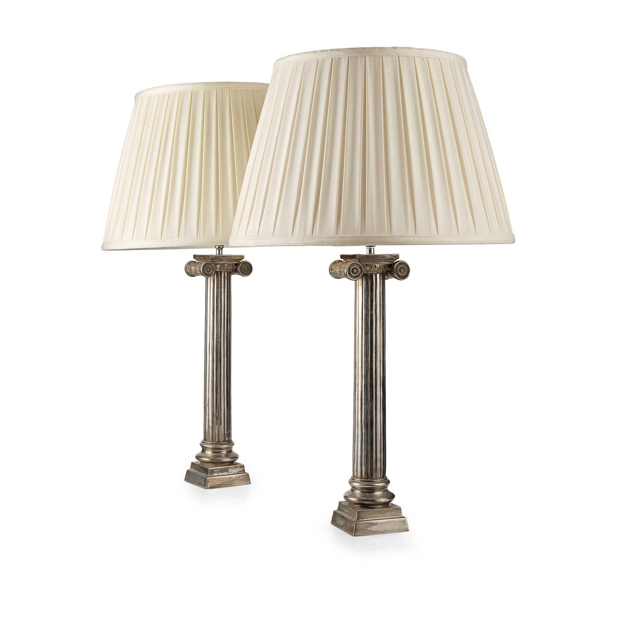 PAIR OF SILVERED COLUMN TABLE LAMPS