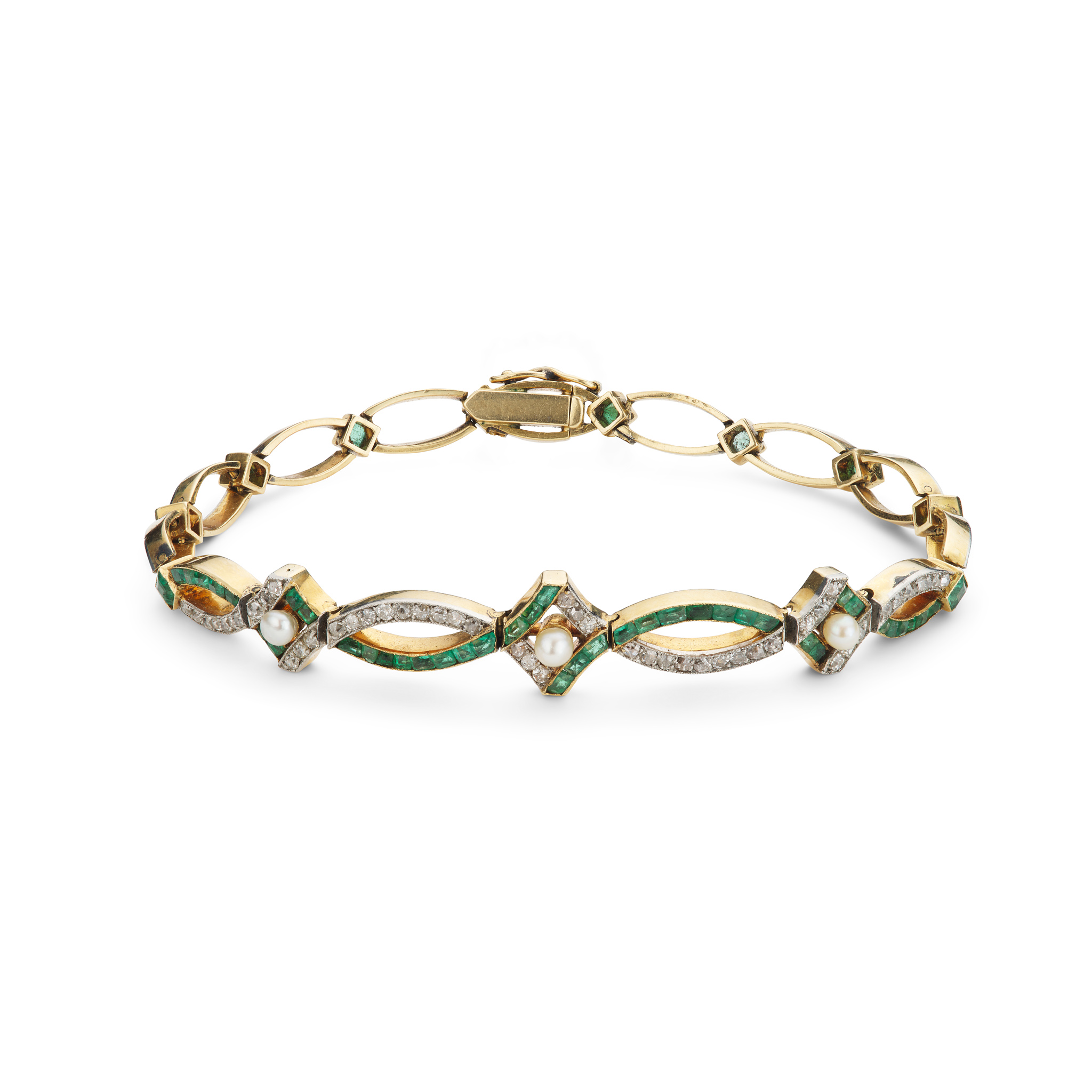 An emerald, diamond and seed pearl bracelet, circa 1910