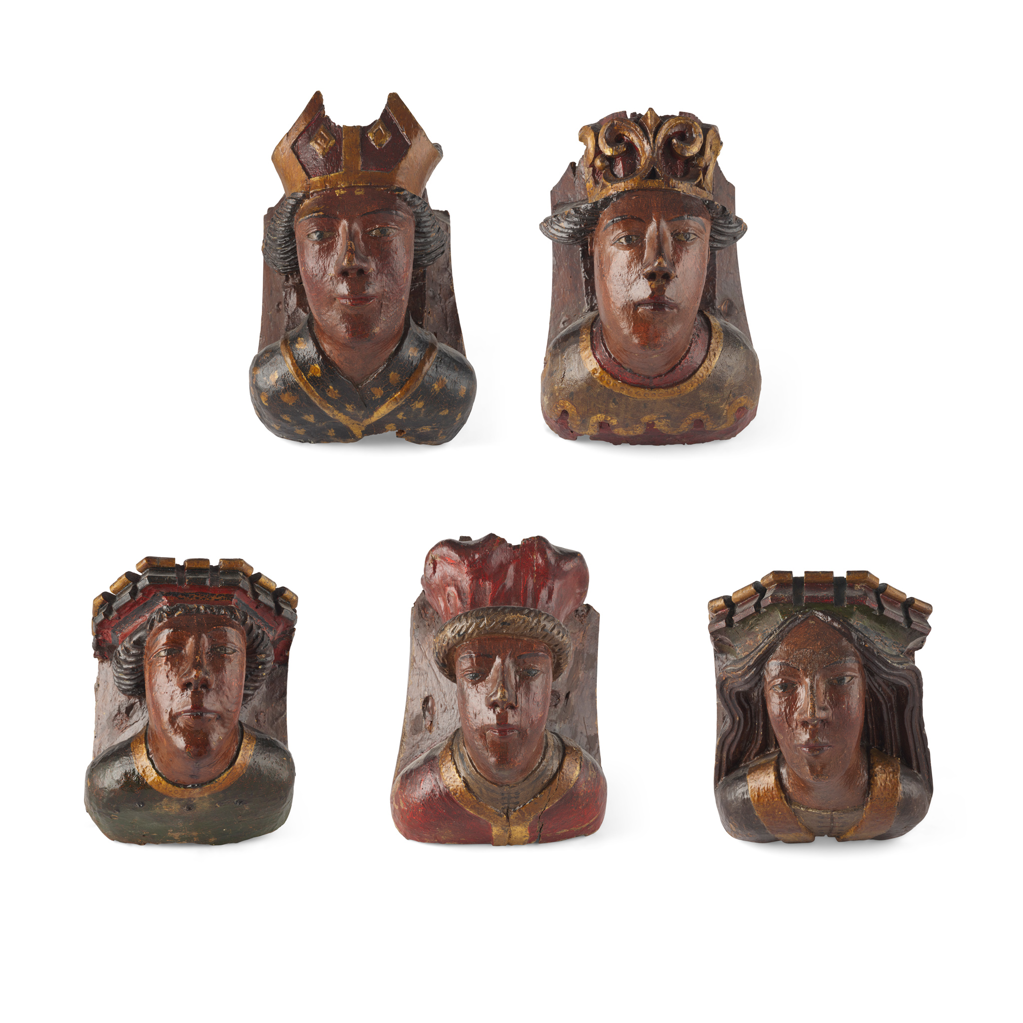 SET OF FIVE CONTINENTAL POLYCHROME PAINTED MASK BRACKETS