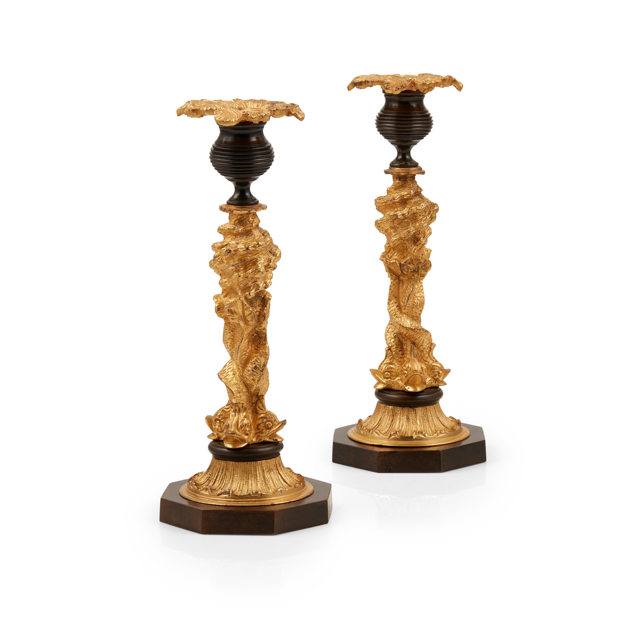 PAIR OF GILT AND PATINATED BRONZE CANDLESTICKS