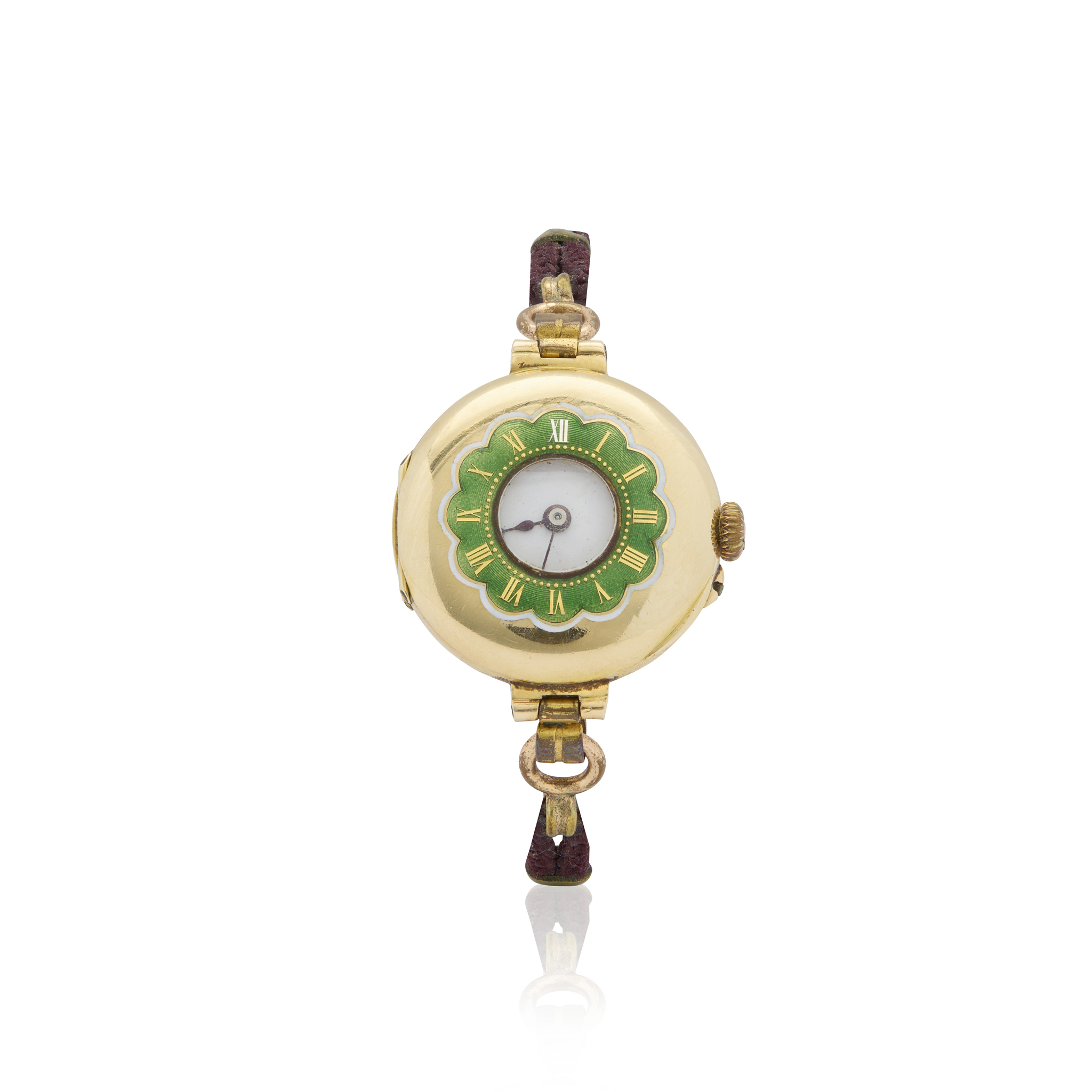 Swiss. A Ladies unusual 18k gold and enamel half hunter cased wristwatch