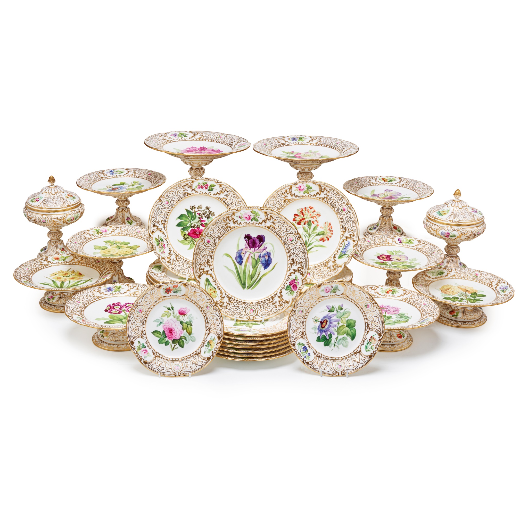 EXTENSIVE ENGLISH PORCELAIN BOTANICAL DESSERT SERVICE