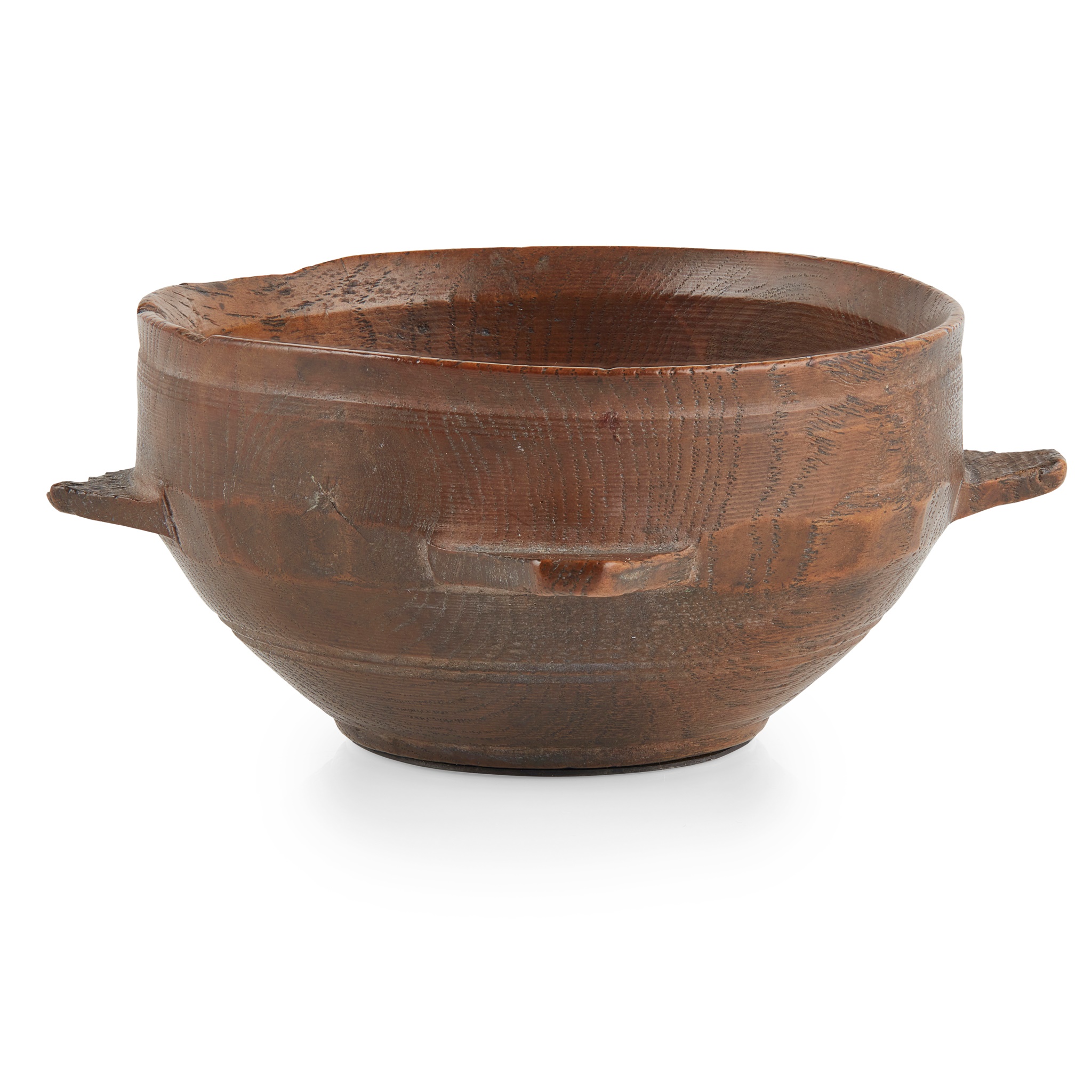 AN 18TH-CENTURY TURNED WOODEN QUAICH WITH SILVER APPLIED INSCRIPTION