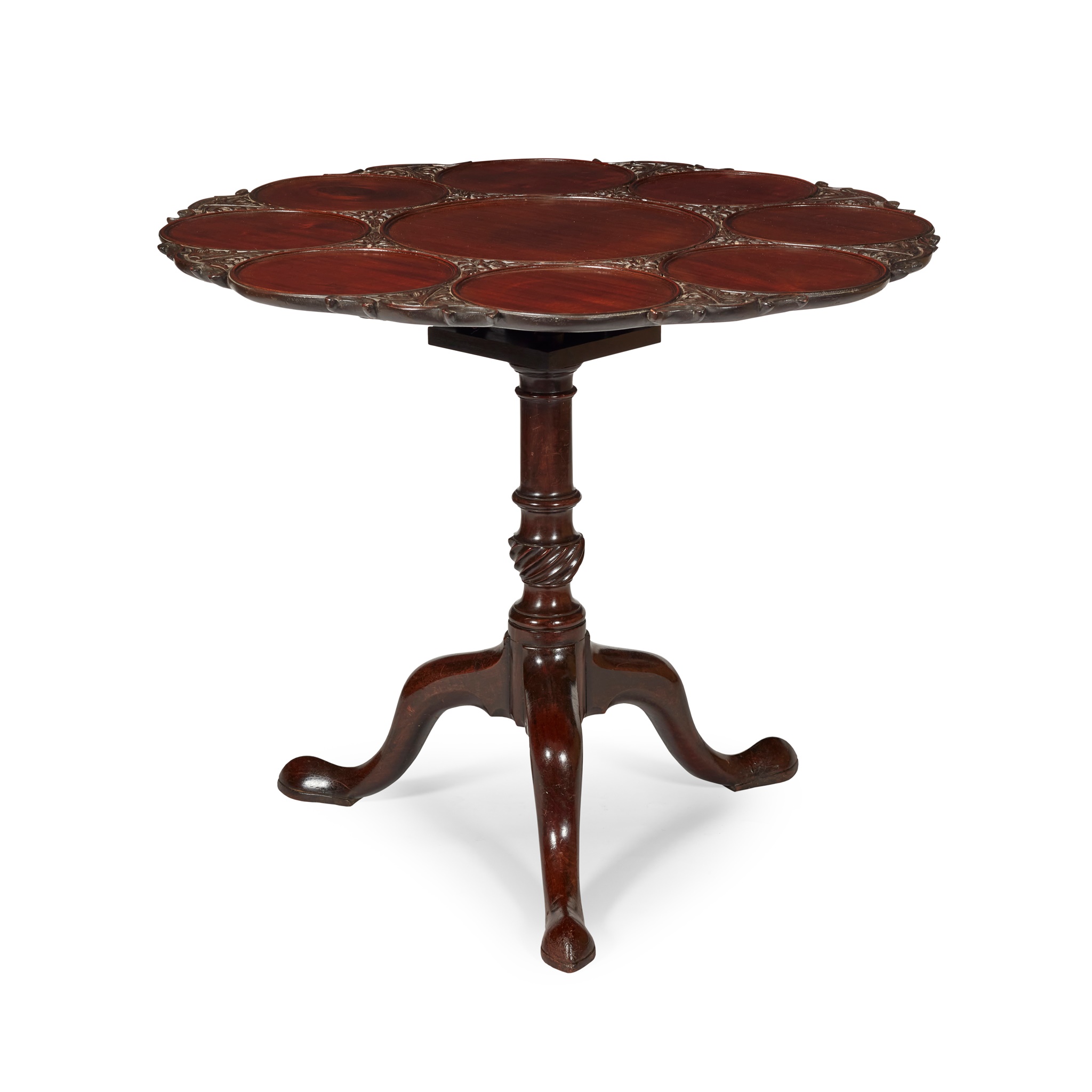 GEORGE III MAHOGANY CARVED BIRDCAGE SUPPER TABLE