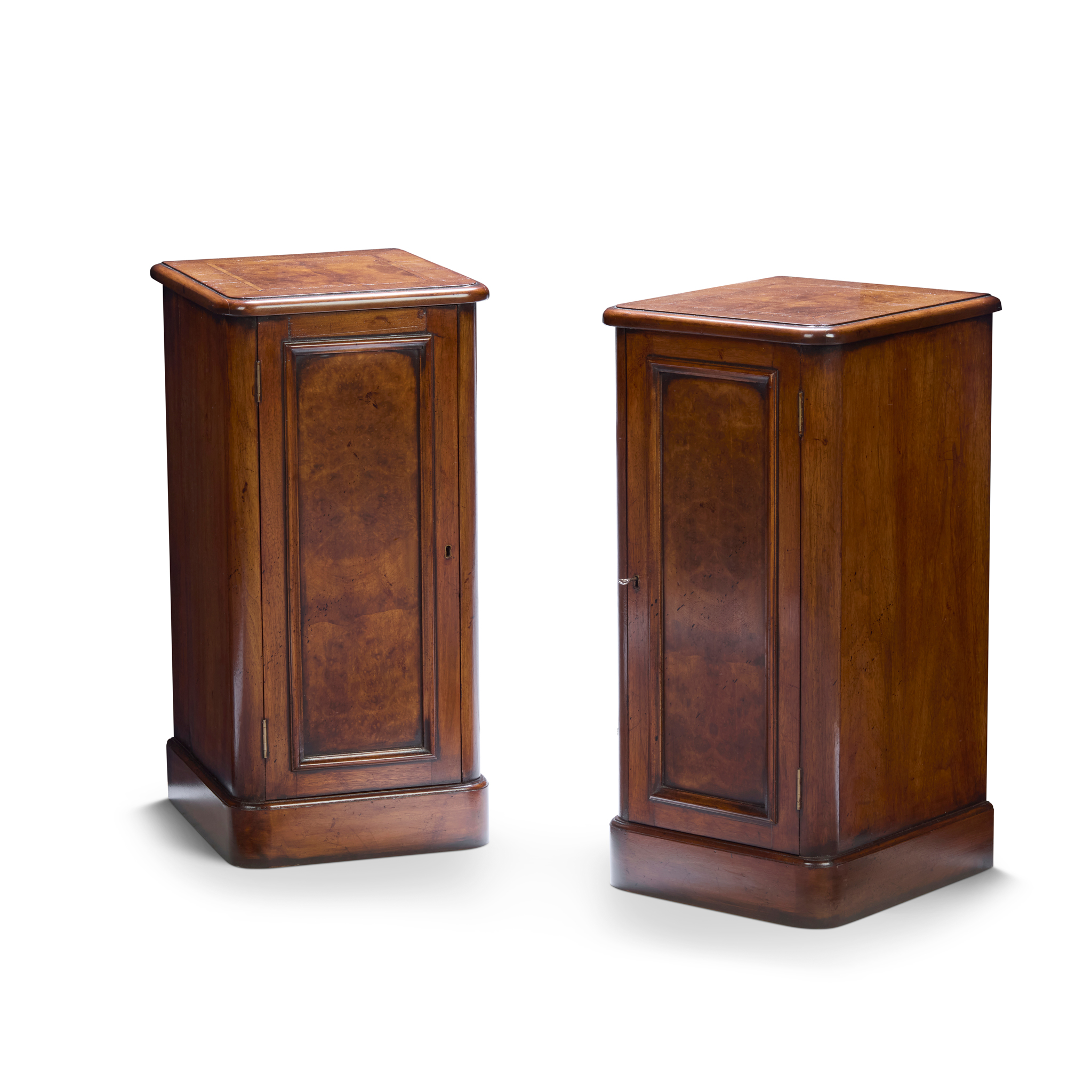 PAIR OF VICTORIAN WALNUT, BURR WALNUT AND INLAID BEDSIDE CUPBOARDS