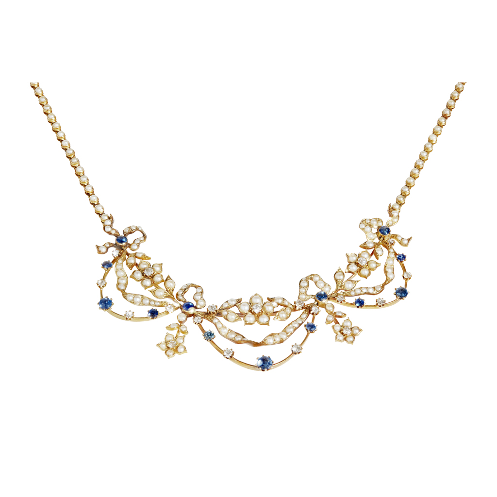 An Edwardian diamond, sapphire and seed pearl set necklace