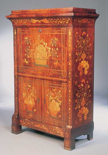 An early 19th century Dutch mahogany and marquetry inlaid secretaire a abattant