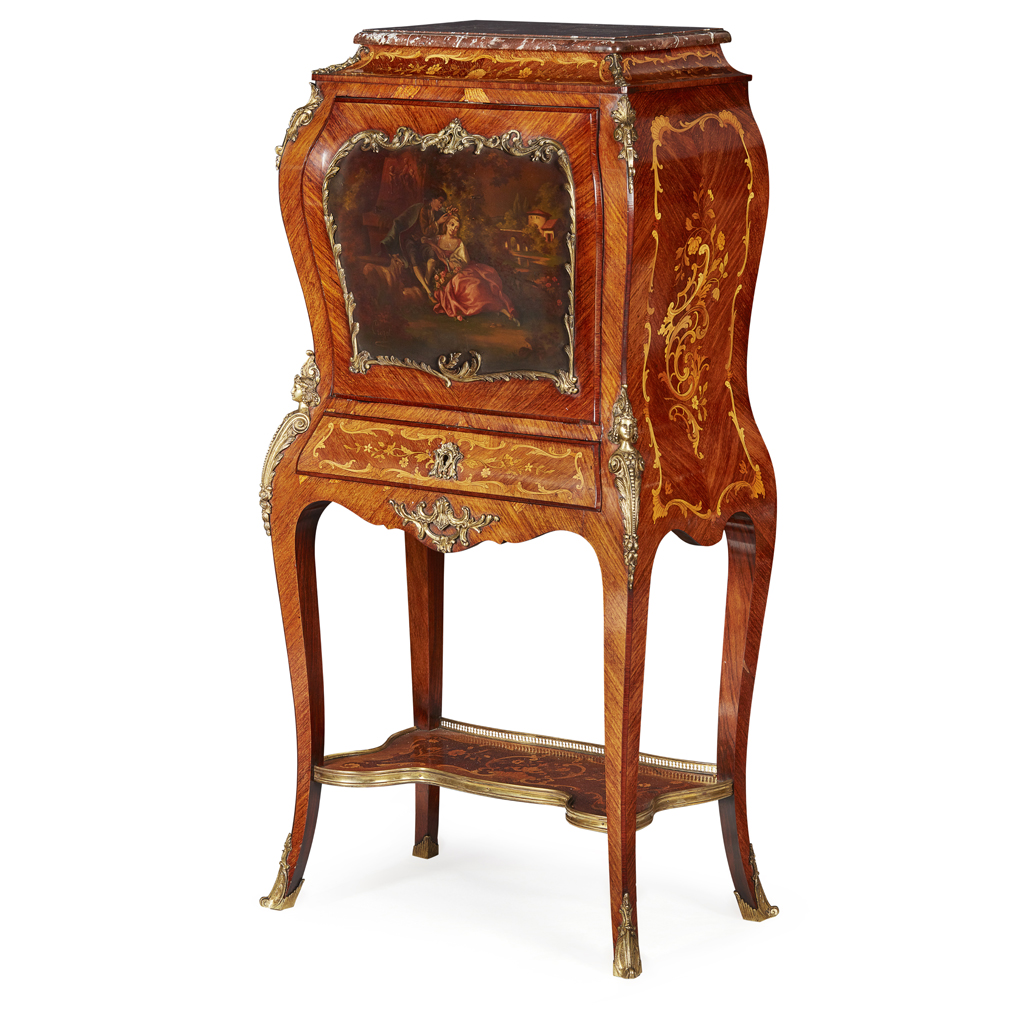 FRENCH KINGWOOD, MARQUETRY, AND VERNIS MARTIN BOMBE SECRETAIRE
