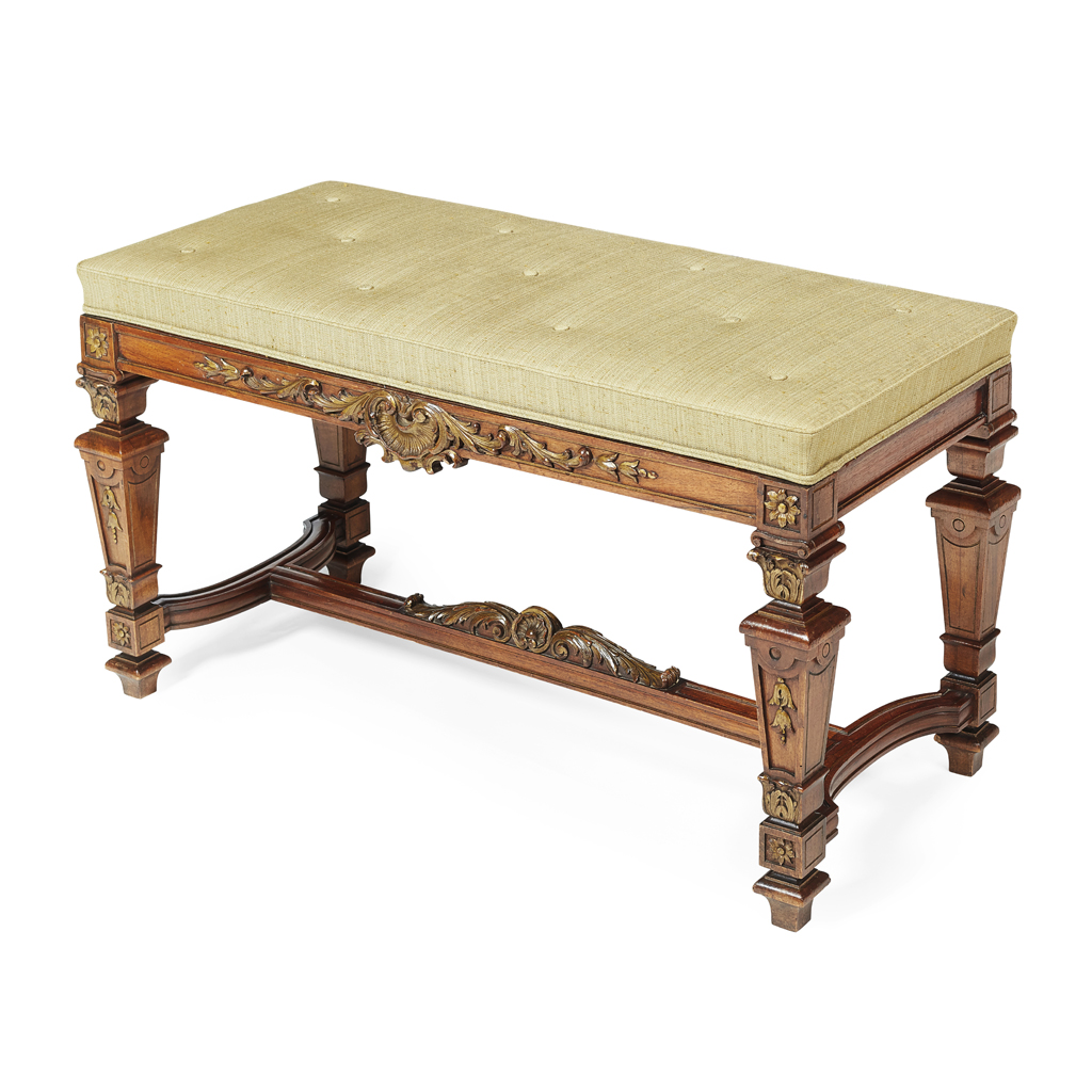 VICTORIAN CARVED WALNUT AND GILT FRAMED LONG STOOL