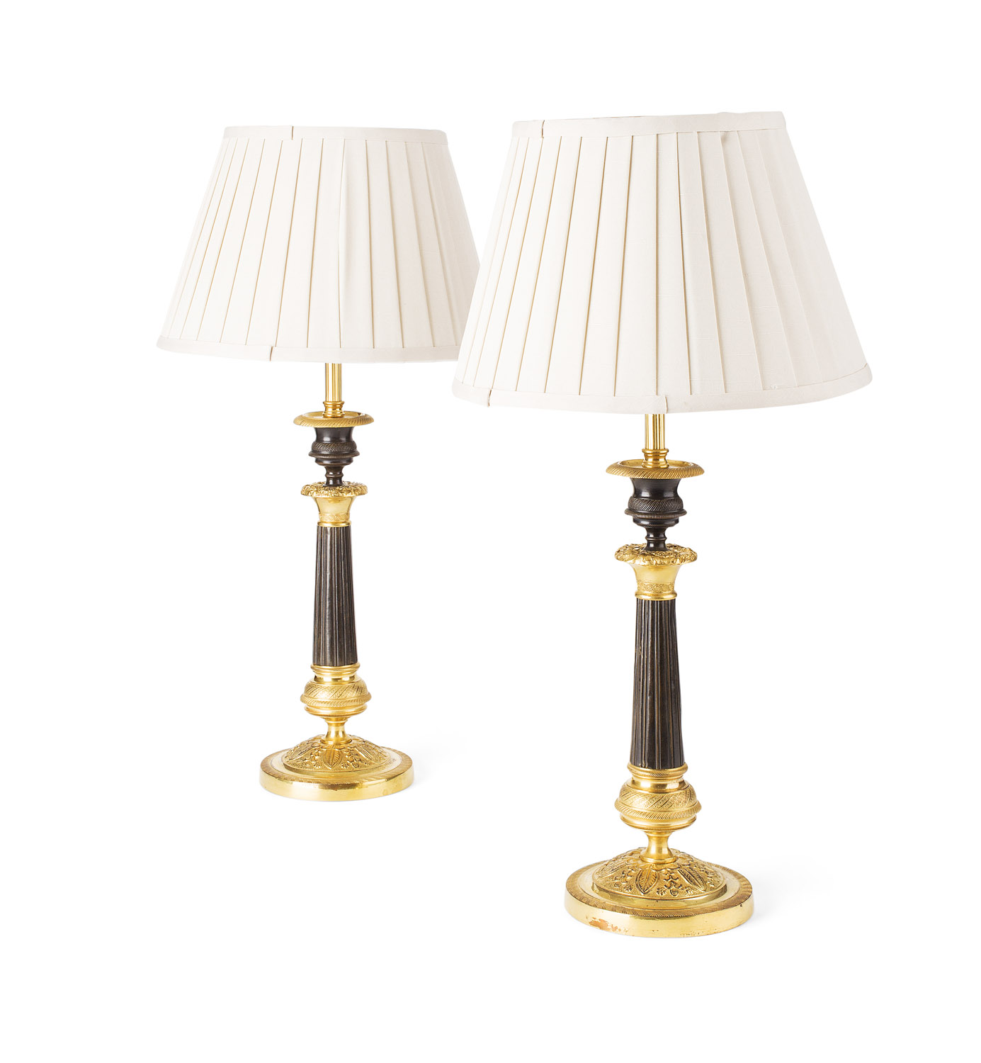 PAIR OF RESTAURATION PATINATED AND GILDED BRONZE LAMPS