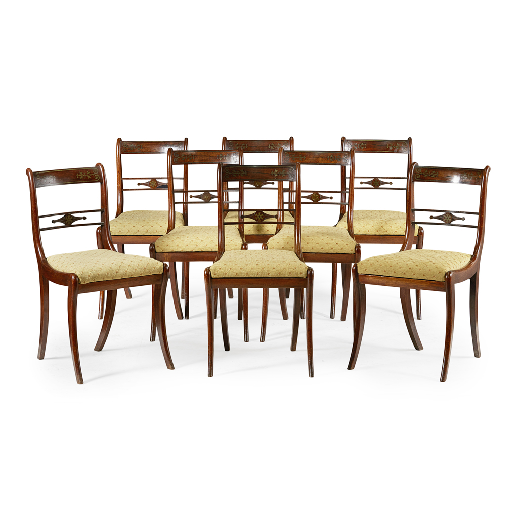 SET OF EIGHT REGENCY ROSEWOOD AND BRASS INLAID DINING CHAIRS BY WILKINSON OF LUDGATE HILL