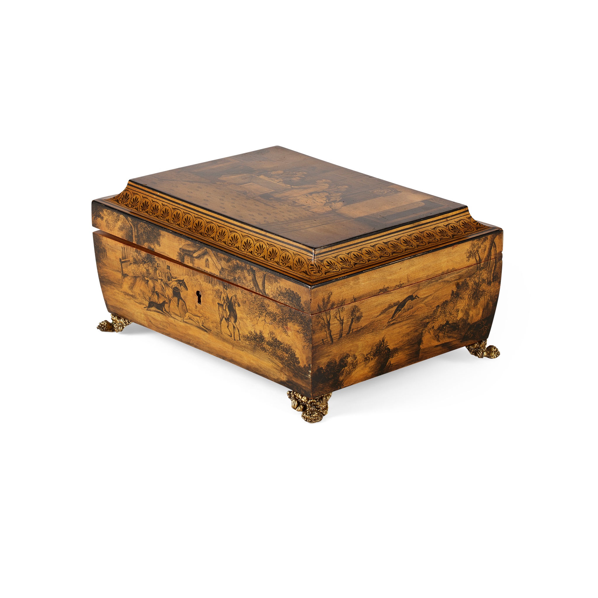 SCOTTISH PENWORK GAMES BOX, DECORATED WITH SCENES AFTER DAVID WILKIE