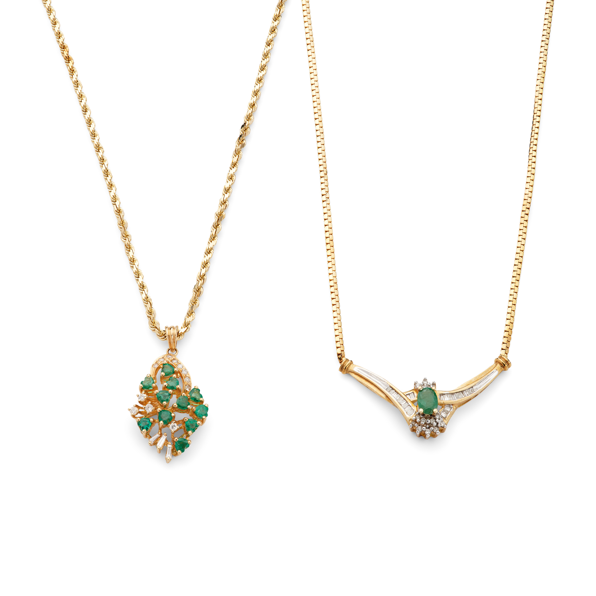 Two emerald and diamond pendant necklaces
