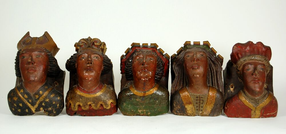 SET OF FIVE CONTINENTAL POLYCHROME PAINTED MASK BRACKETS