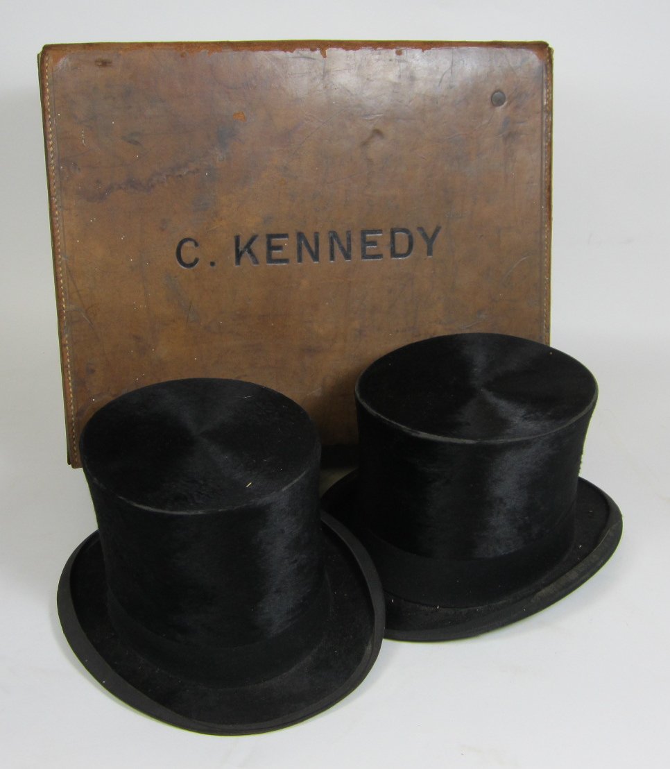 COLLECTION OF TOP HATS AND LEATHER TRAVELLING CASES