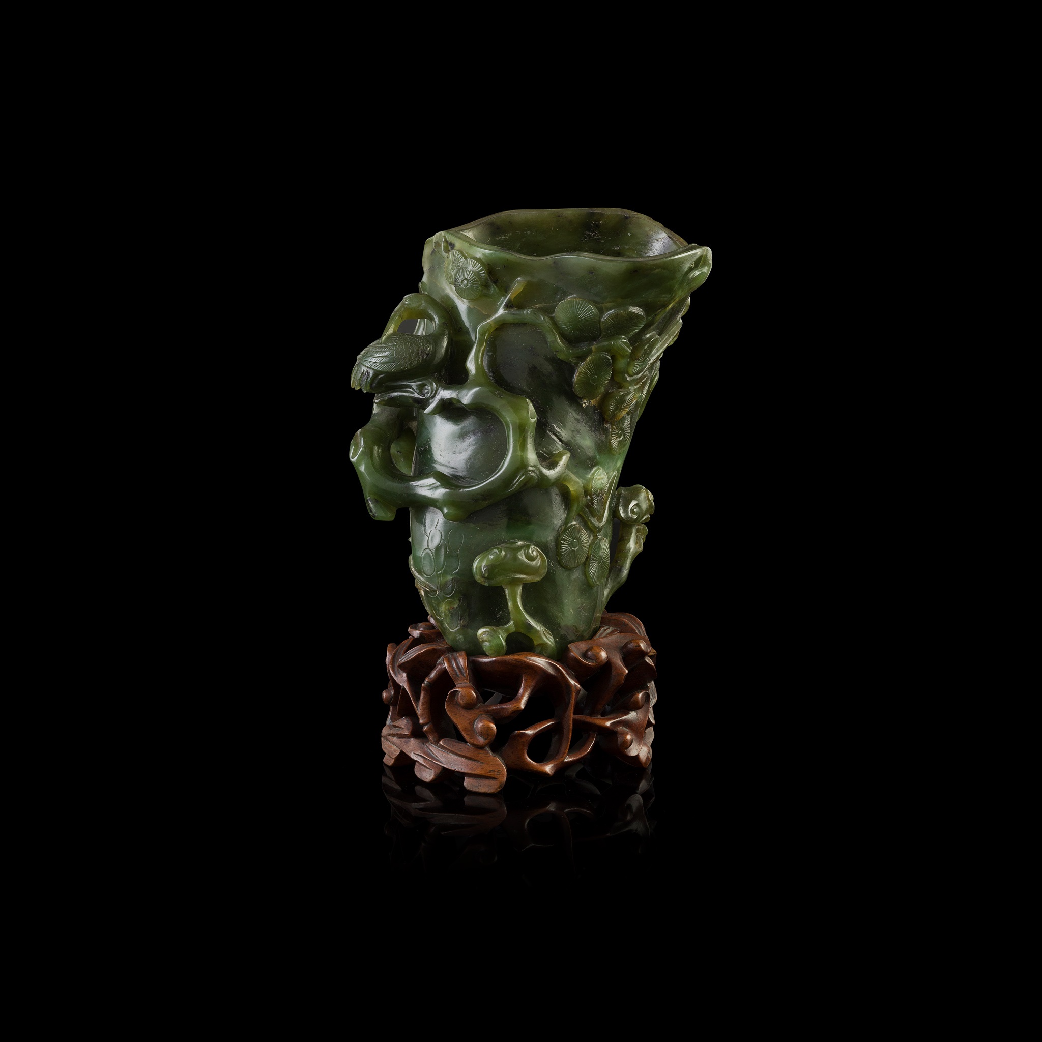 SPINACH-GREEN JADE 'CRANE AND PINE TREE' VASE