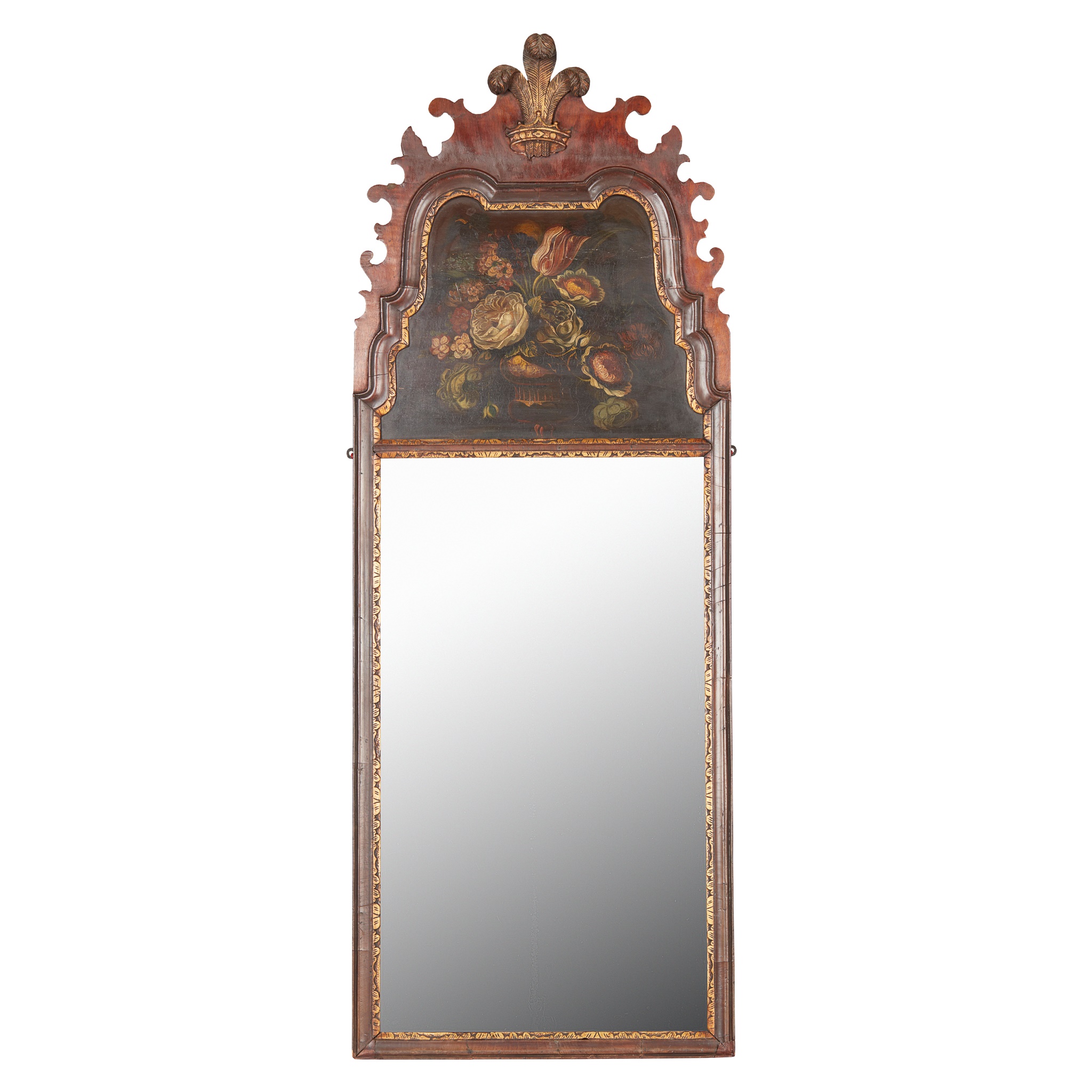 GEORGE II STYLE MAHOGANY, PAINTED, AND PARCEL-GILT MIRROR