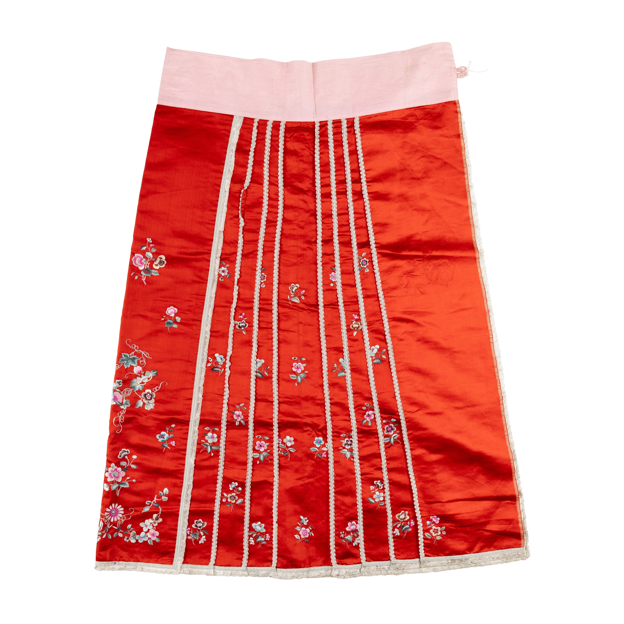 CHINESE WOMAN'S RED GROUND SILK EMBROIDERED 'FLORAL' PLEATED SKIRT