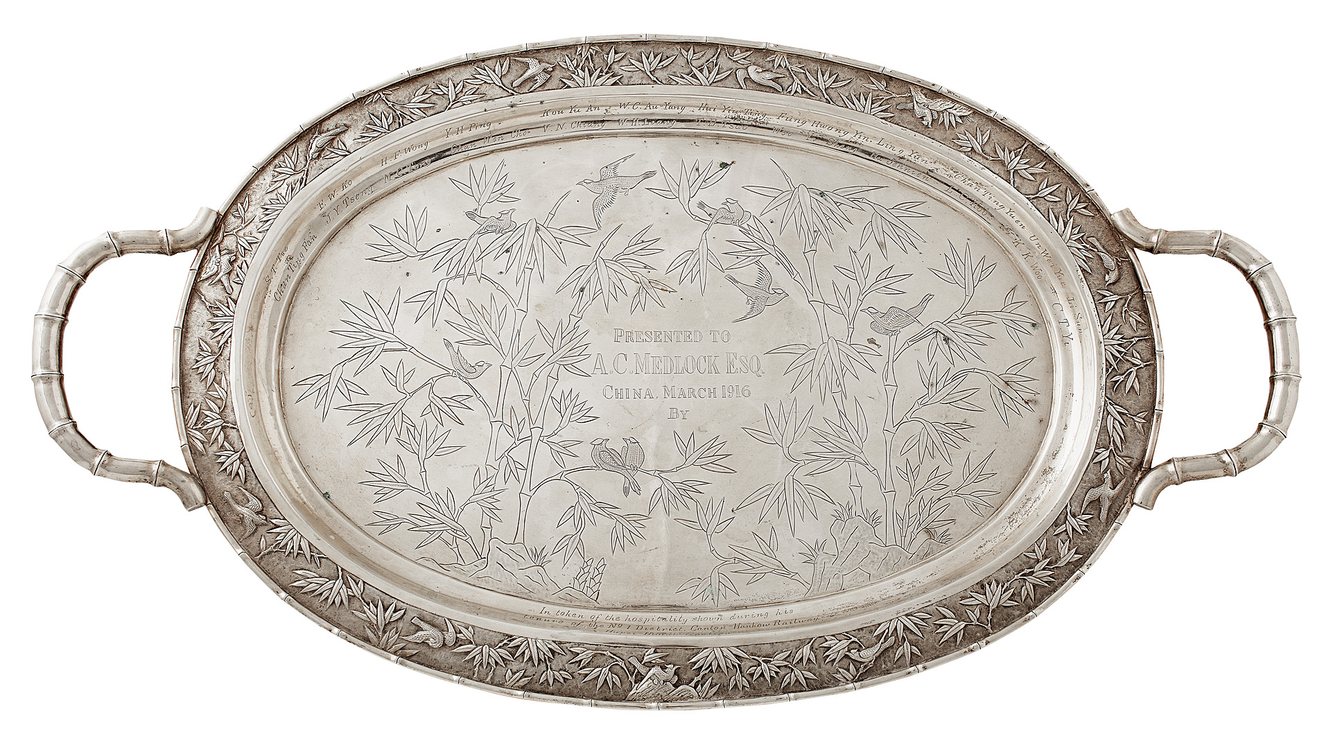 A Chinese export white metal butler's tray