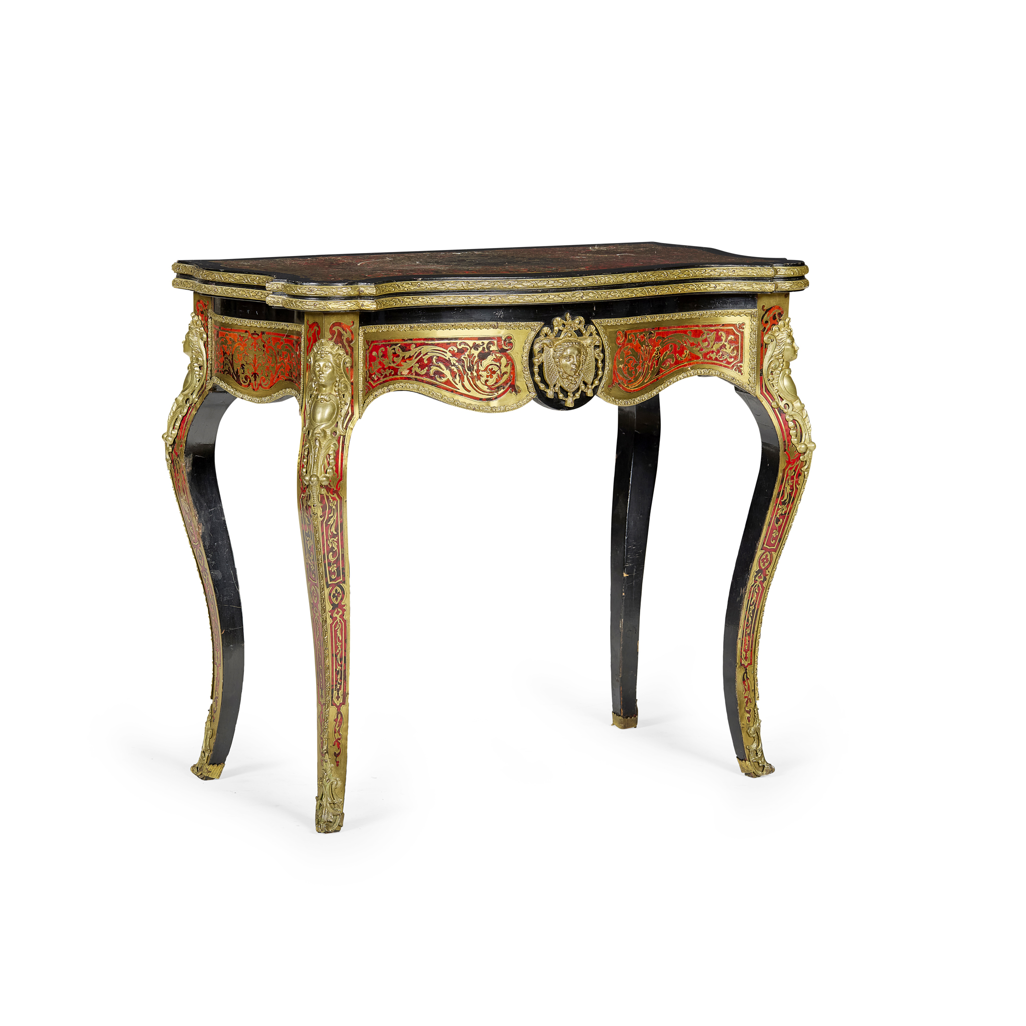 FRENCH EBONISED, RED TORTOISESHELL AND CUT BRASS BOULLE MARQUETRY CARD TABLE